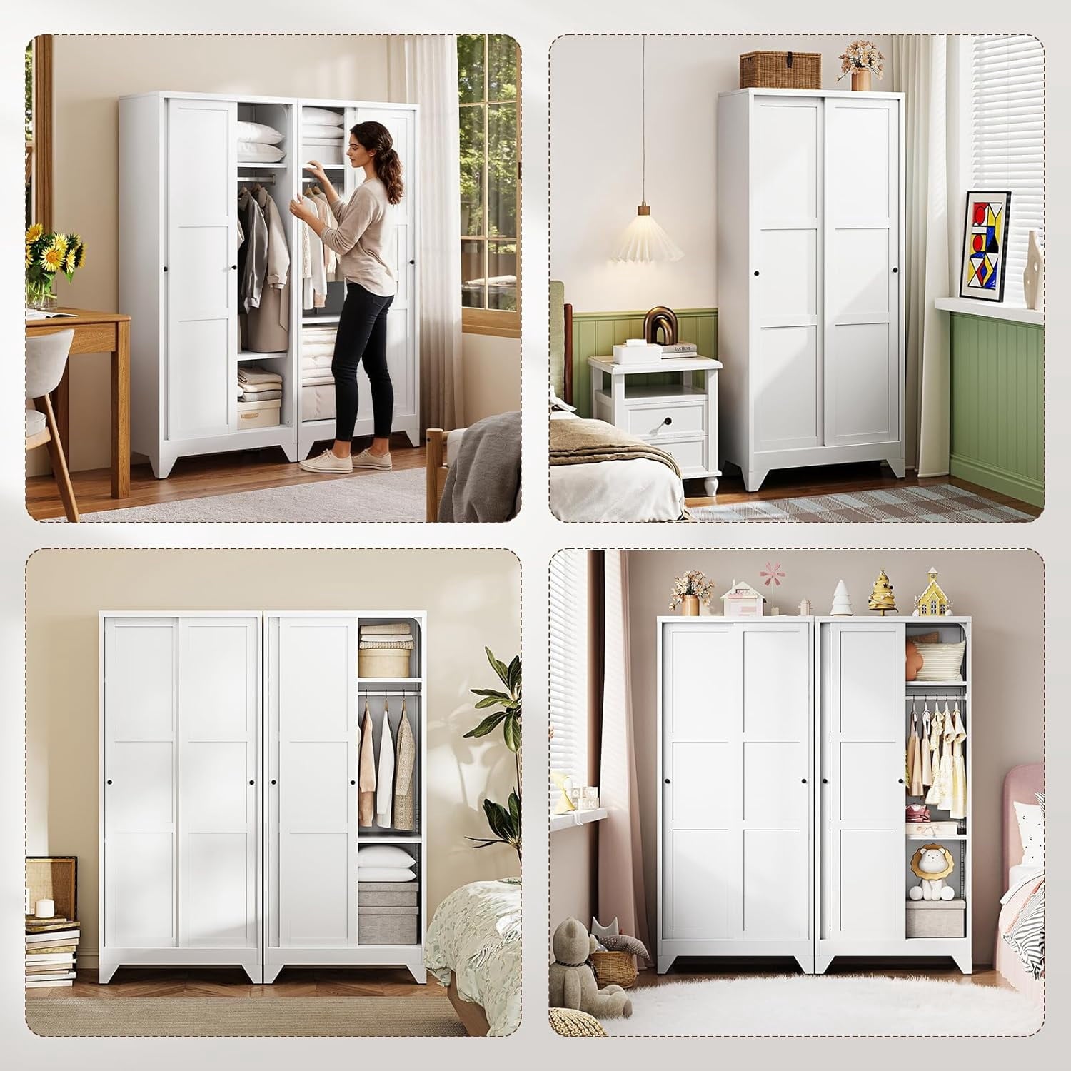 Wardrobe Closet,20 Deep Armoire Wardrobe Cabinets with Sliding Doors and Shelves,Narrow Slim Coat Closet Cabinet with Hanging Rod for Home (White)