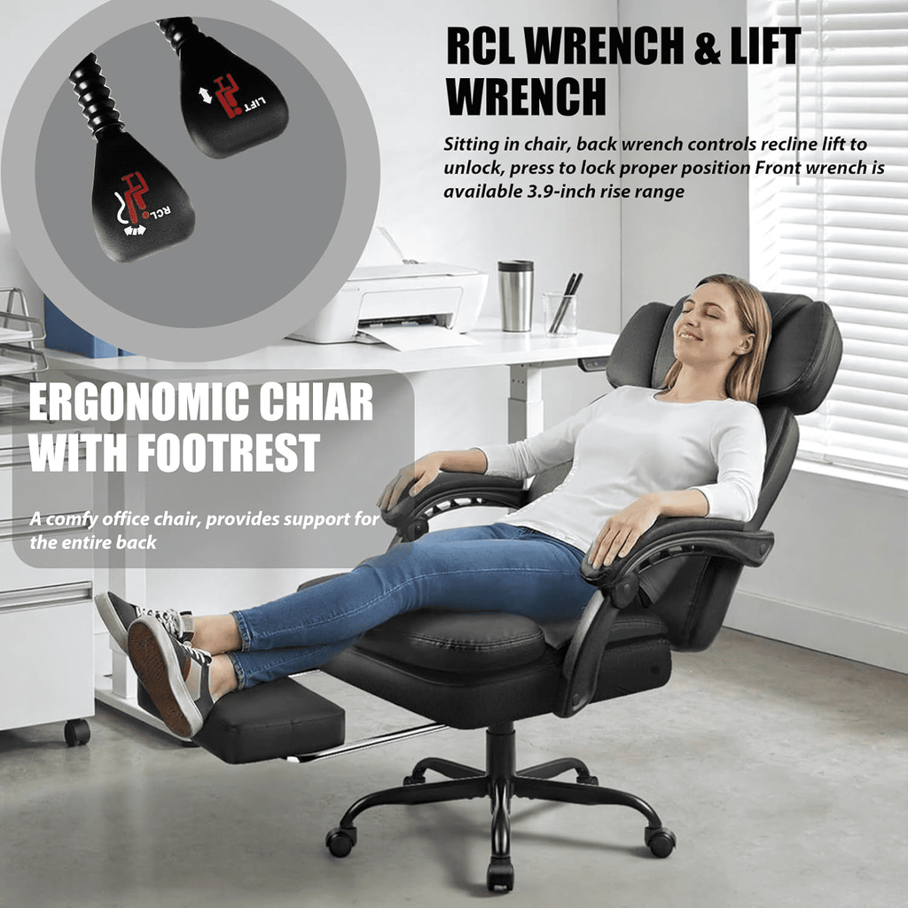 BOSSIN 400lbs Executive Office Chair with Foot Rest, Ergonomic Heavy Duty Big and Tall Desk Chair with Adjustable Headrest, High Back PU Leather Comfy Computer Chair