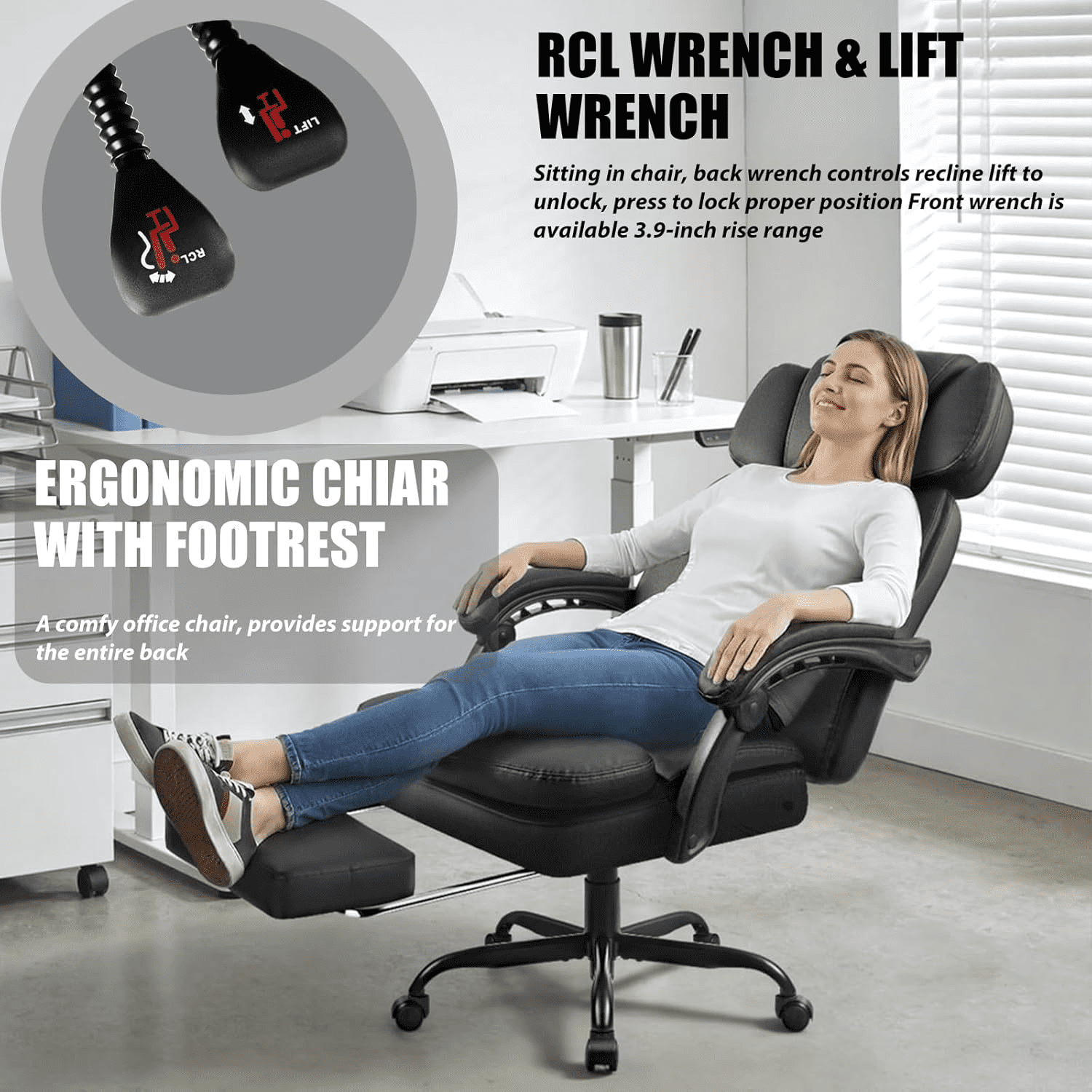 BOSSIN 400lbs Executive Office Chair with Foot Rest, Ergonomic Heavy Duty Big and Tall Desk Chair with Adjustable Headrest, High Back PU Leather Comfy Computer Chair
