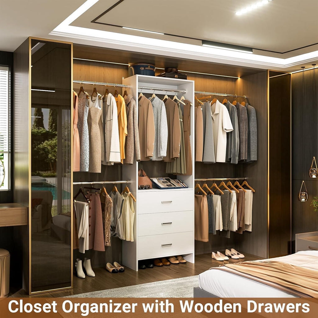 Homieasy Closet System, Closet Organizer with 3 Wooden Drawers, Walk-in Closet Wardrobe Clothes Rack with 4 Hanging Rods, Garment Rack, White