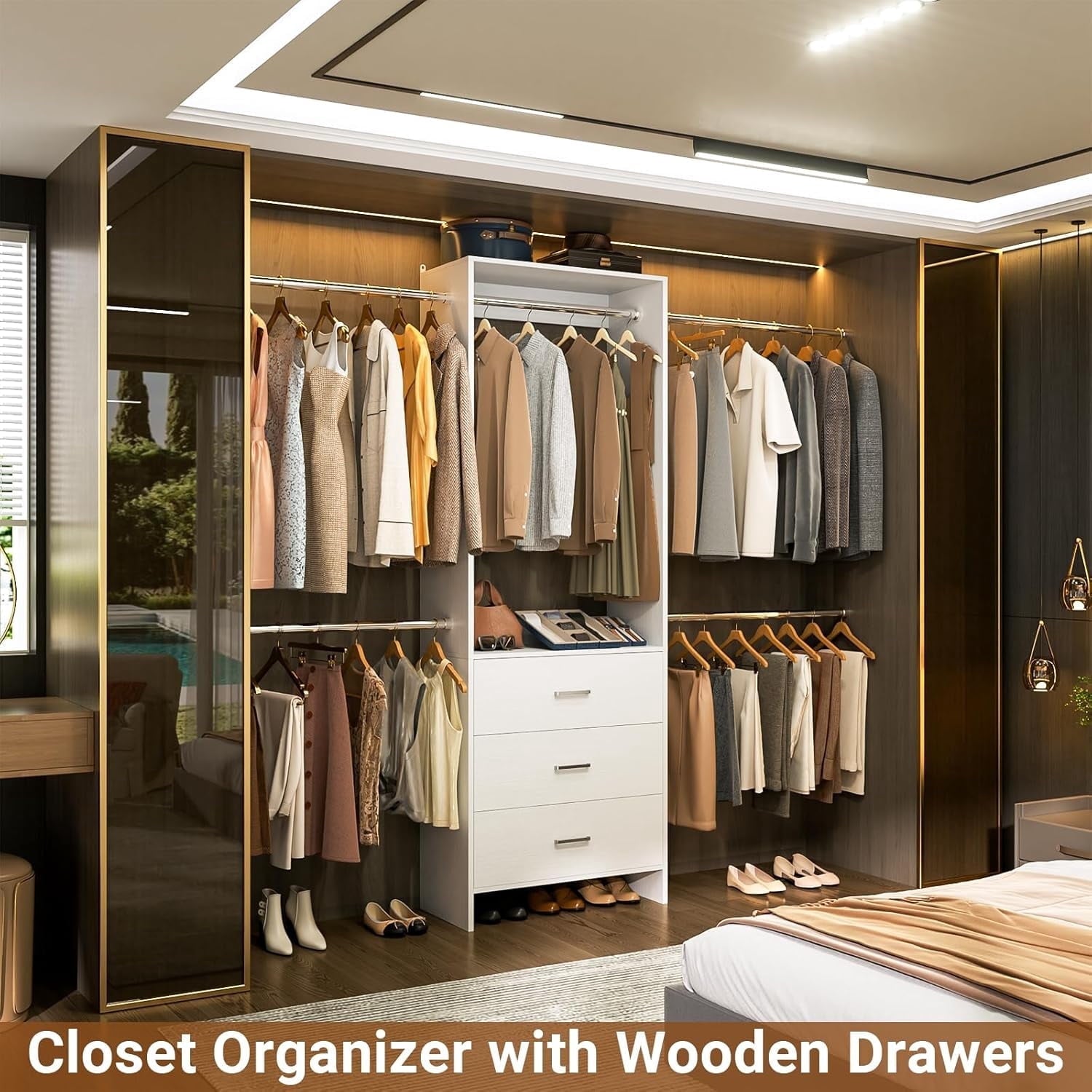 Homieasy Closet System, Closet Organizer with 3 Wooden Drawers, Walk-in Closet Wardrobe Clothes Rack with 4 Hanging Rods, Garment Rack, White