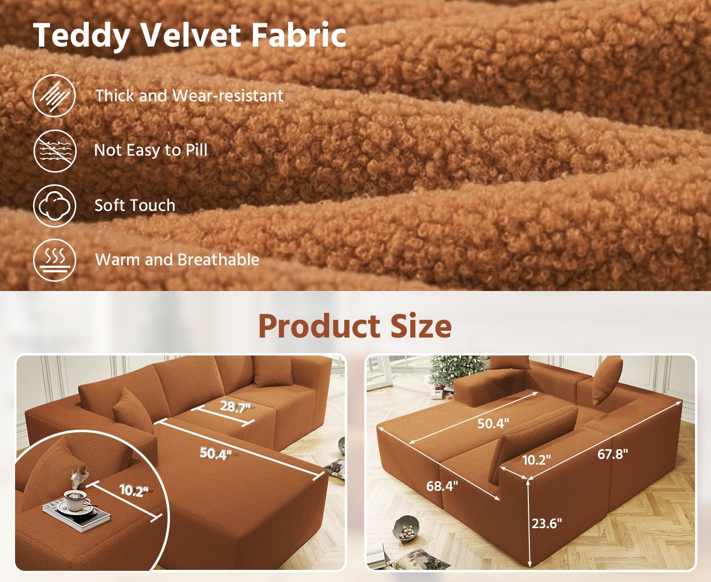 YVDNHP Modular Cloud Sofa - No Assembly Required, 107.8 Oversized L-Shaped Sectional with Chaise, Flannel Fabric Deep Seating Couch for Living Room