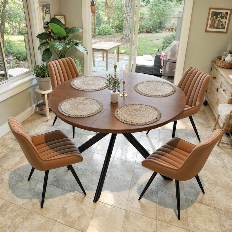 Hawsaiy 47 Round Dining Table for 4-6, Modern Farmhouse Kitchen Table with Metal Legs, Wood Circle Dinner Table for Kitchen & Dining Room, Walnut