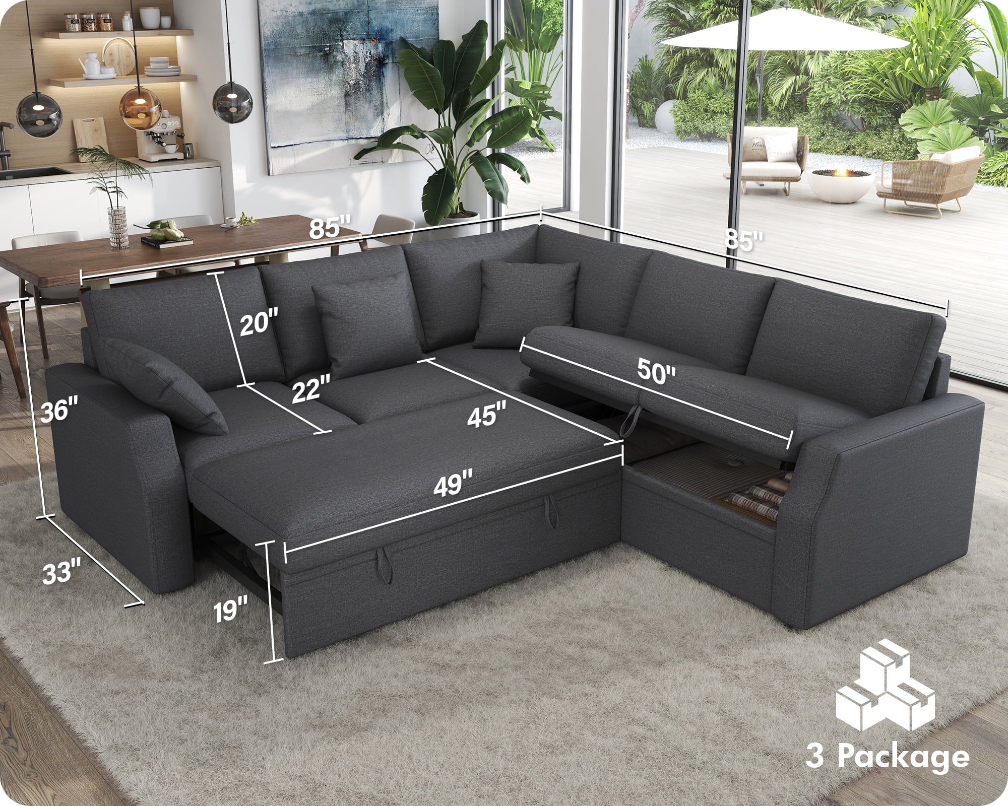 VanAcc 85 Sleeper Sofa Bed, Reversible L-Shape Sectional with Storage
