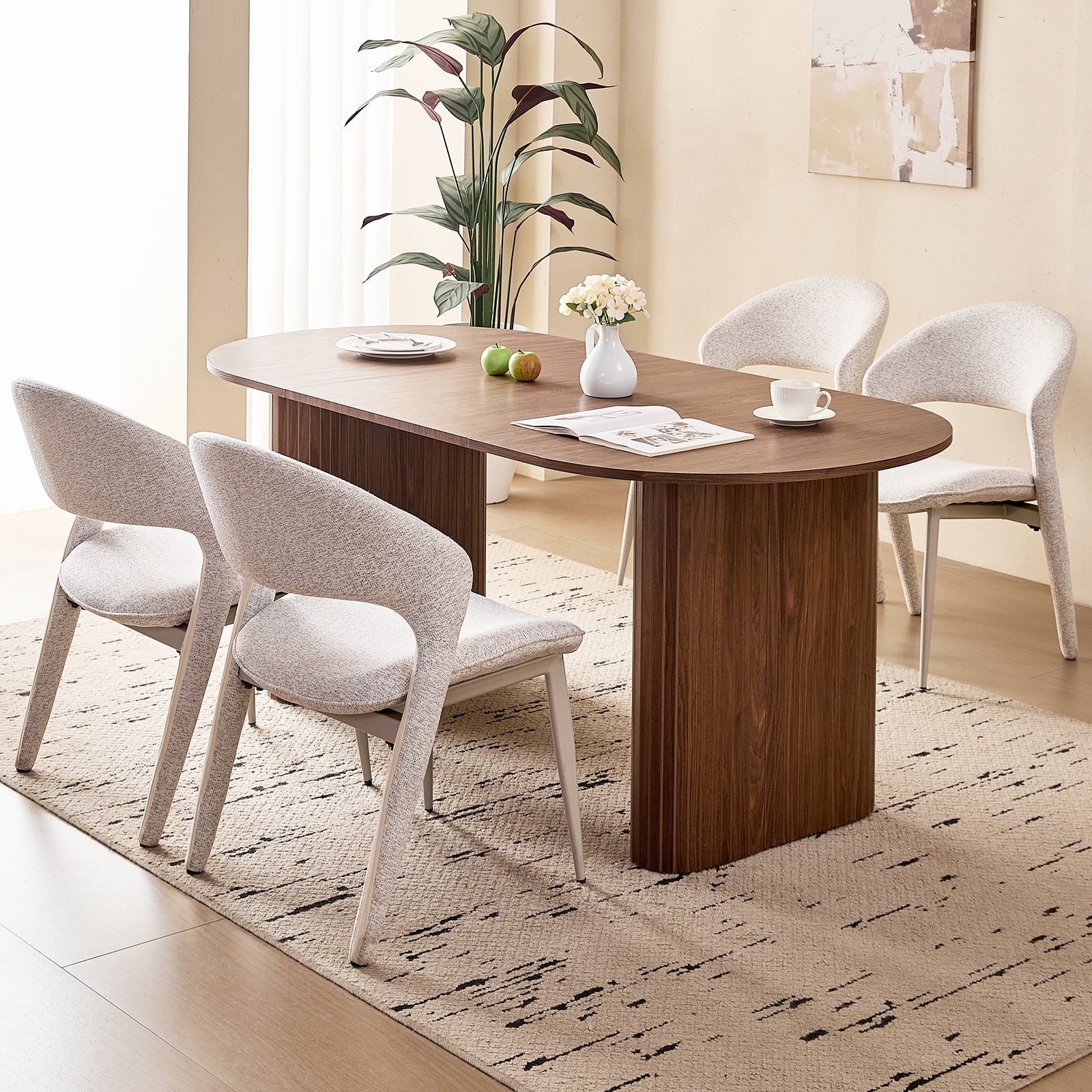 71 Natural Large Dining Table Set for 4 Modern Kitchen Table with Beige Boucle Upholstered Kitchen Chairs Set of 4