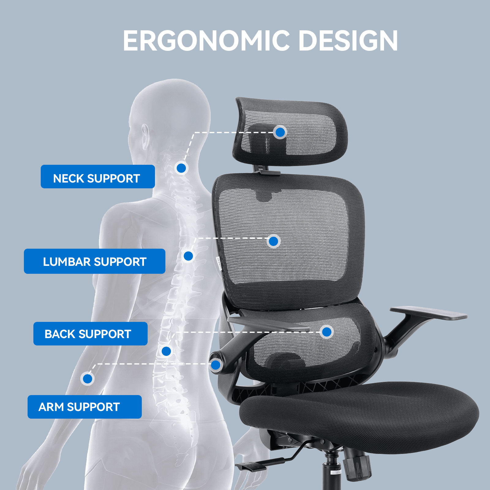SIHOO B100 Se Office Chair, Executive Chair with Cotton Seat, Dual-Back Ergonomic Chair, 2D Adjustable Headrest & Flip Link Armrest, Comfort Mesh Chair for Home Office & Gaming, 265lbs, Gray