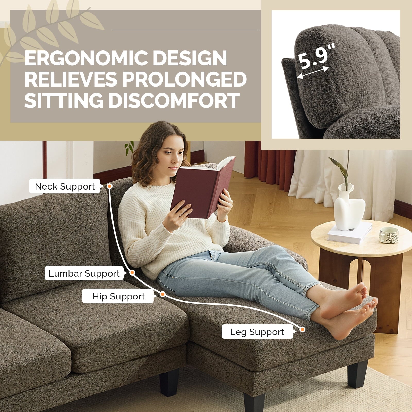 Ktaxon U-Shaped Sectional Sofa Set with Chaise, 4-Seater Blended Chenille Couch for Living Room, Apartment, Easy Assembly Khaki