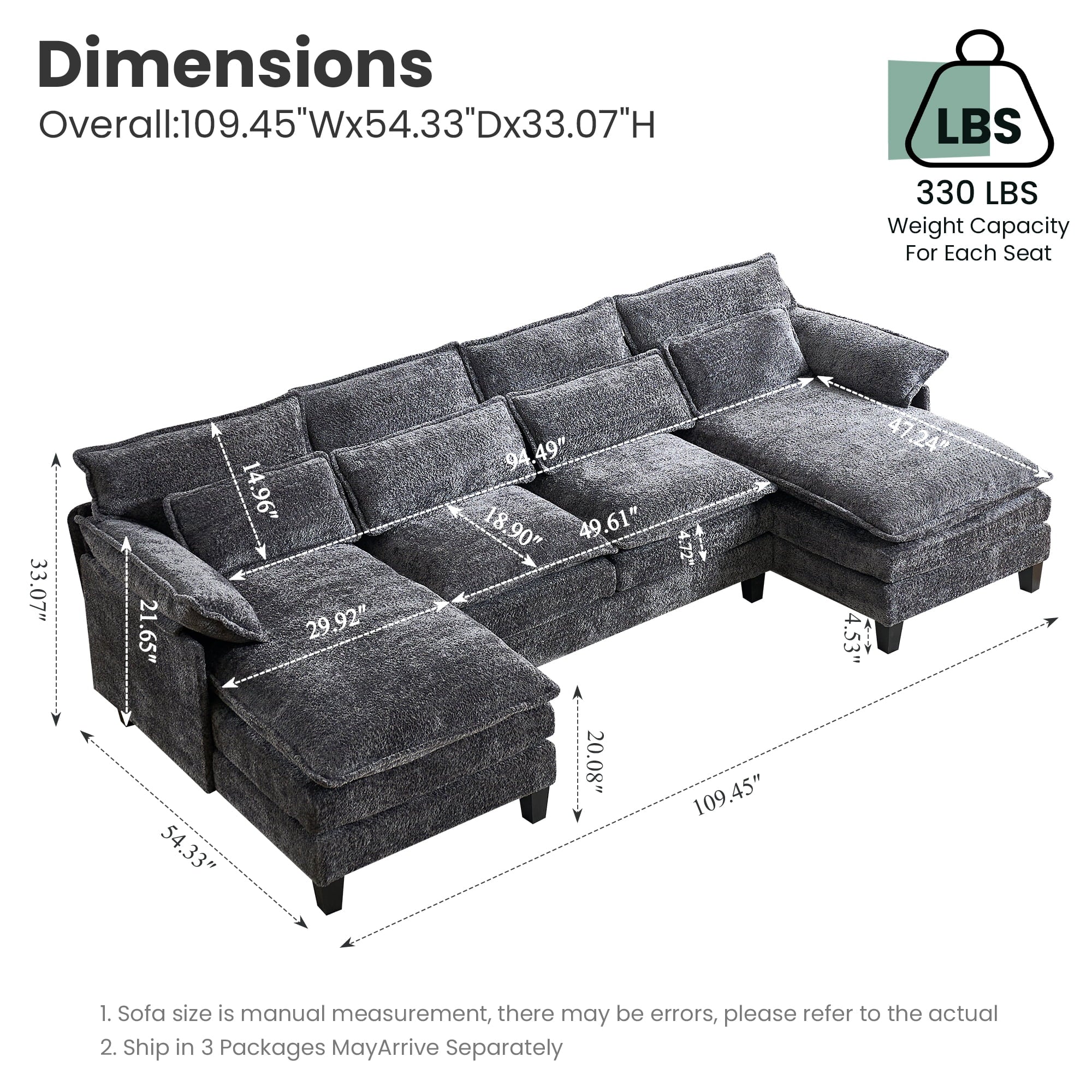 JONPONY109.45 U Shaped Couch,Oversized 4 Seat Sectional with 4 Waist Pillows, Convertible Upholstery Symmetrical Sofá,Sleeper Sofa Couch with Double Chaise Lounge &Memory Foam for Living Room, Beige