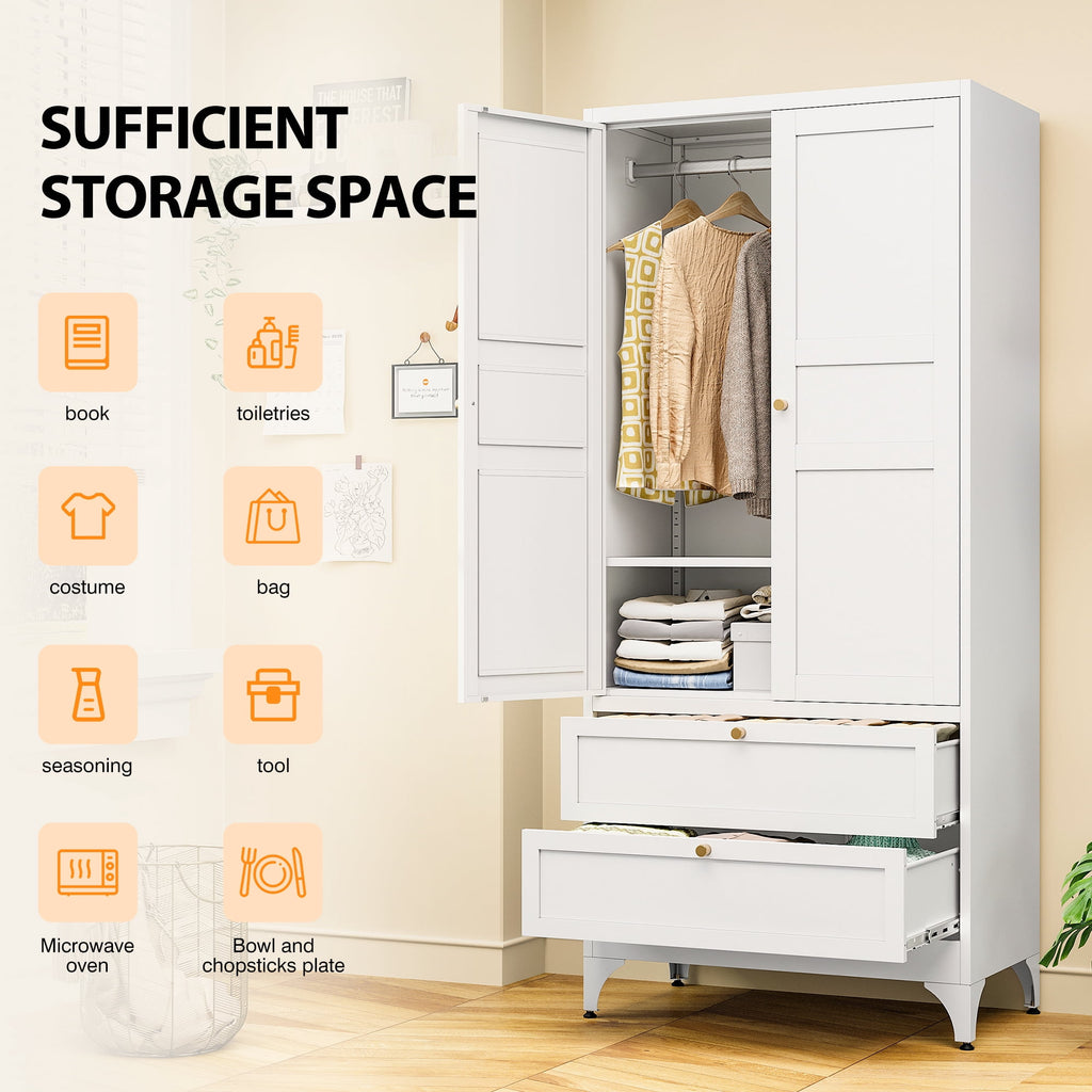 STANI Metal Wardrobe Closet with Hanging Rod, 72 White Armoire Wardrobe Cabinet with Adjustable Shelves, Clothes Storage Organizer Cabinets for Bedroom, Bathroom, Office