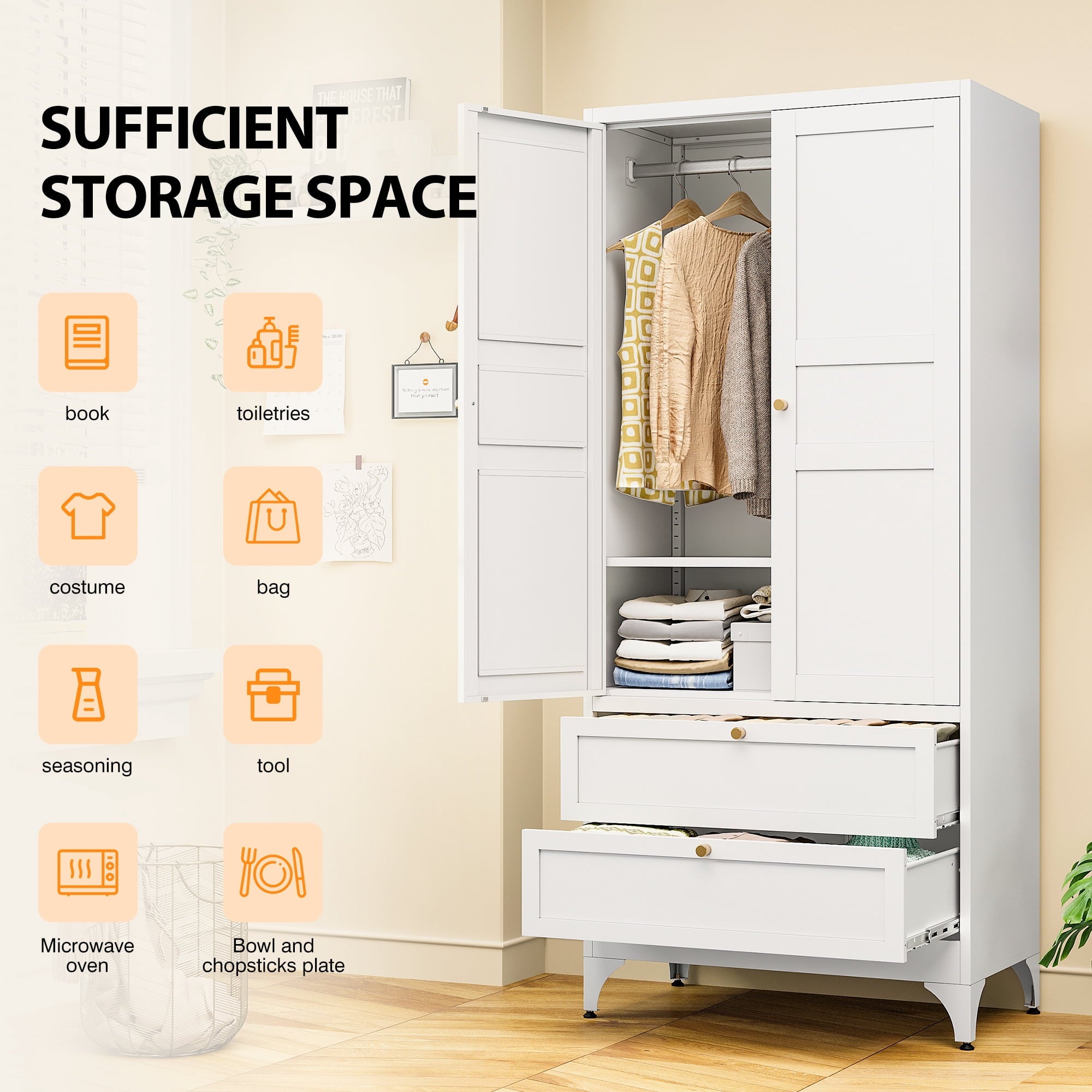STANI Metal Wardrobe Closet with Hanging Rod, 72 White Armoire Wardrobe Cabinet with Adjustable Shelves, Clothes Storage Organizer Cabinets for Bedroom, Bathroom, Office