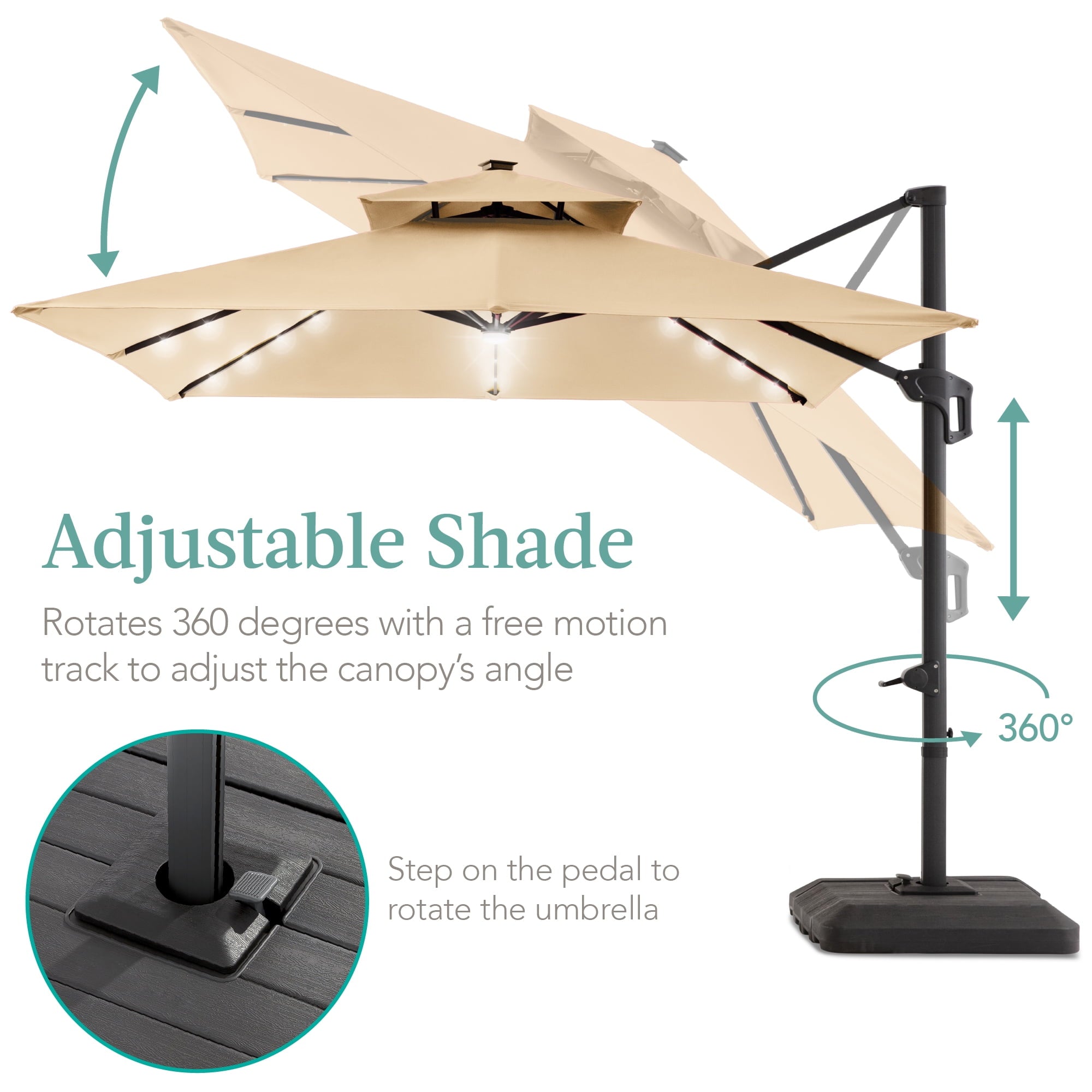 Best Choice Products 10x10ft 2-Tier Square Outdoor Solar LED Cantilever Patio Umbrella w/ Base Included - Tan