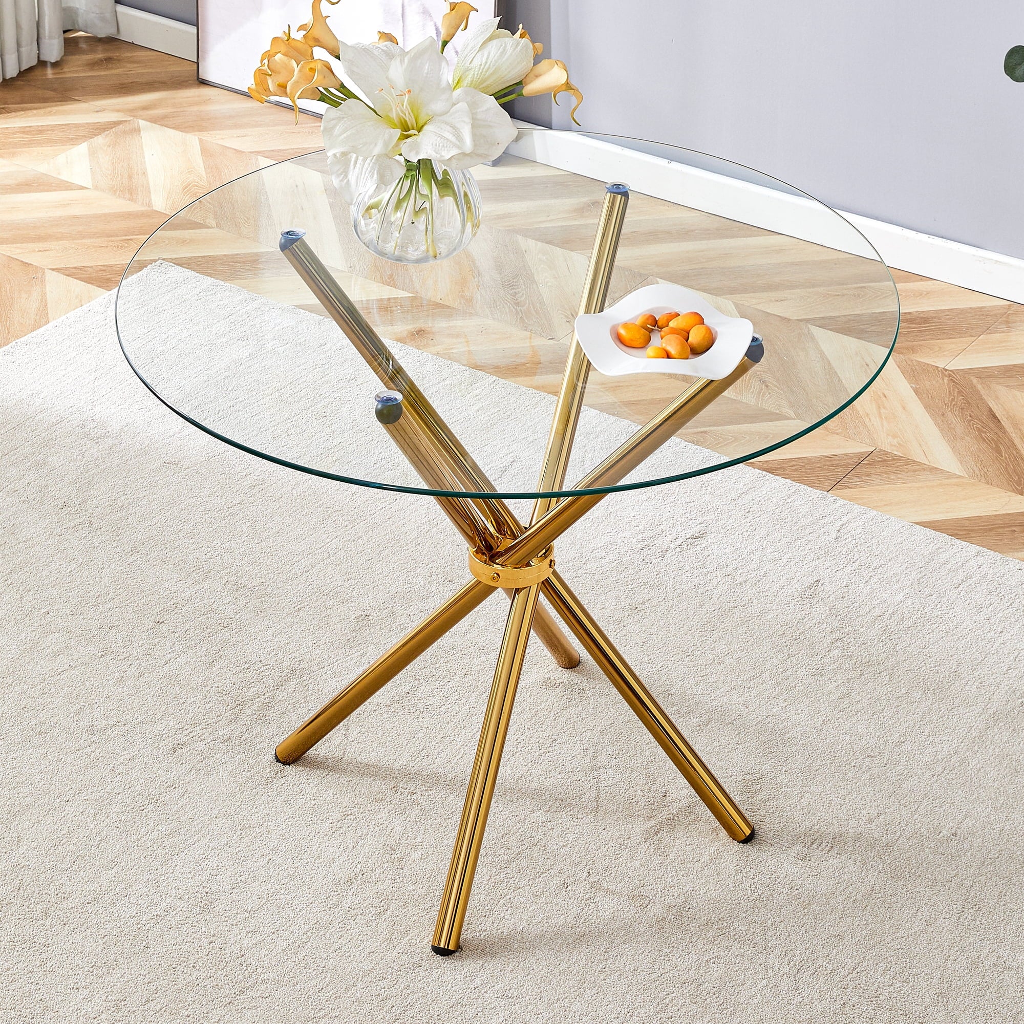 LUFTUT 36.6 Round Glass Dining Table, Modern Gold Base Kitchen Table, Small Space Bistro Table, Clear Tempered Glass Top for Apartmen