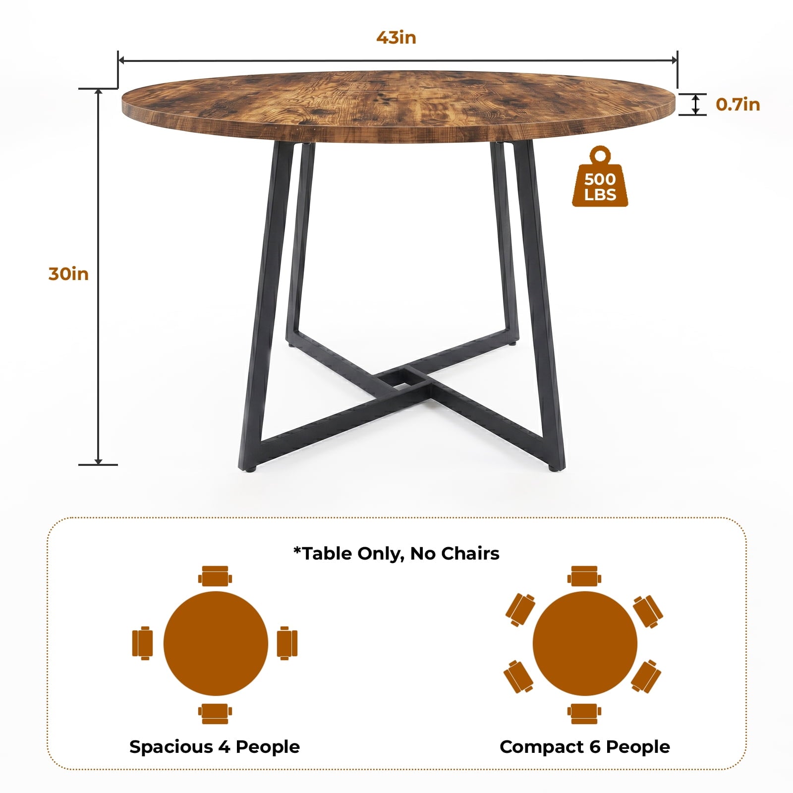 Gasee Dining Table, 43 Round Dining Table, Solid Wood Thickened Table Top Kitchen Dining Table,Dining Table for Dining Room, Home(Only Table),Rustic Brown