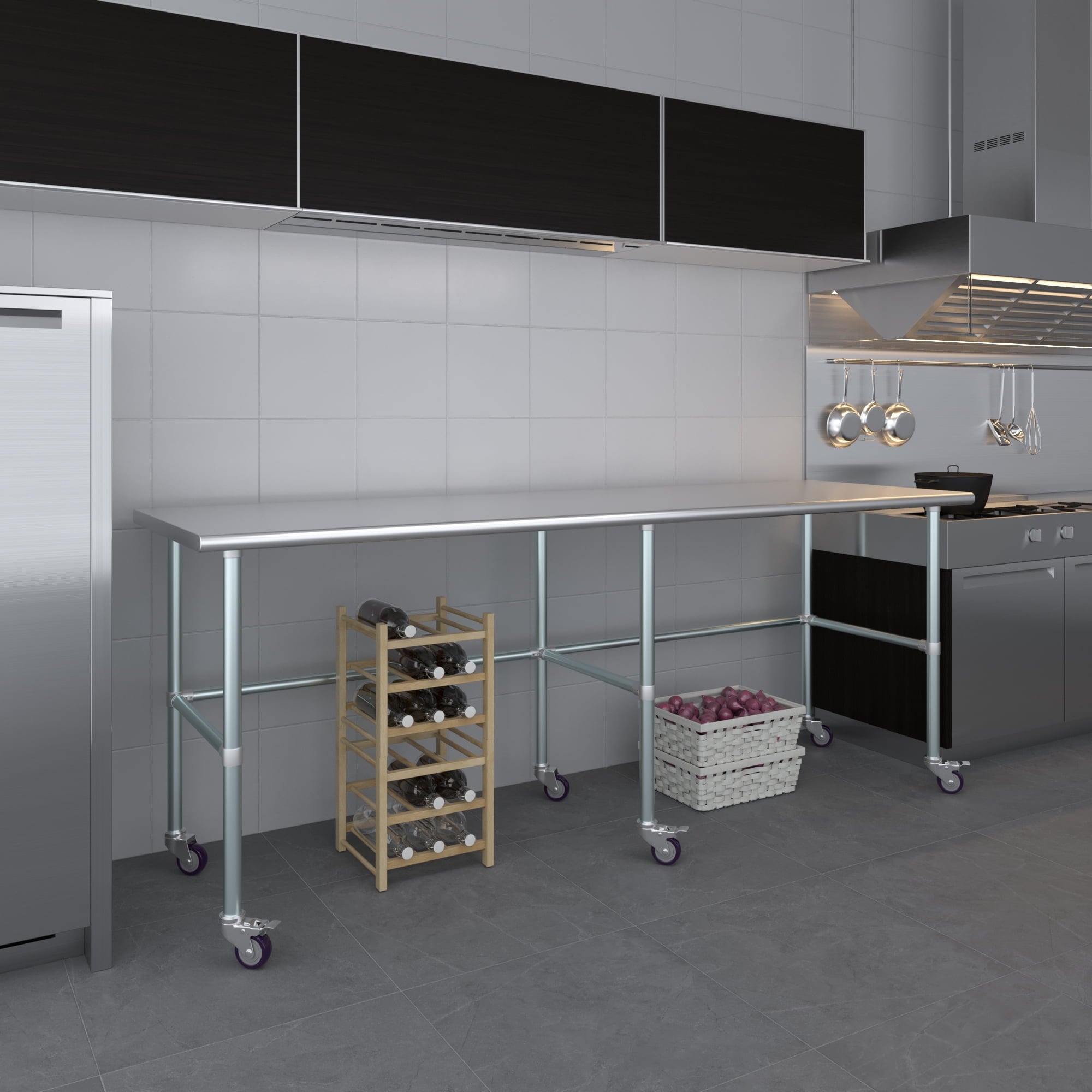 AmGood 36 Long x 30 Deep Stainless-Steel Work Table with Open Base and Wheels, Mobile Metal Table