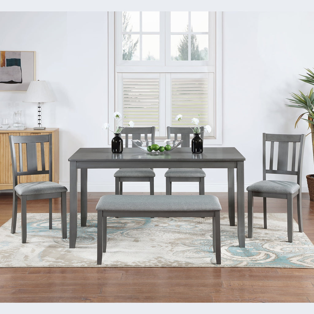 Dining Room Set, LEGAHOME 6 Piece Dining Sets with Bench and Chairs, Solid Wood Kitchen Dining Table Set for 6 with Upholstered Chairs, Gray
