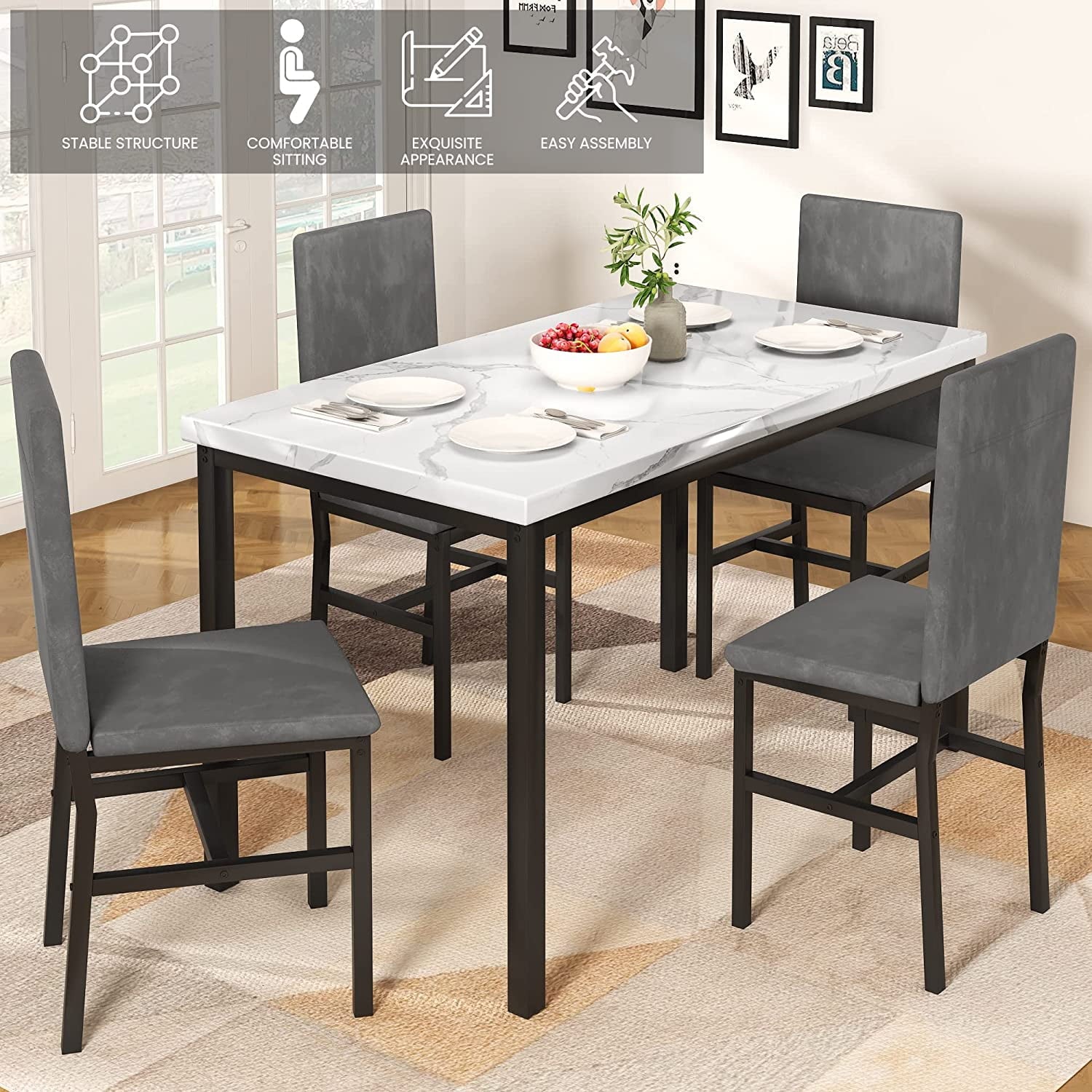 SYNGAR 5 Piece Dining Set, Modern Dining Table and Chairs Set for 4, Kitchen Dining Table Set with Faux Marble Tabletop & 4 Upholstered Chairs, for Small Space, Breakfast Nook, D9224