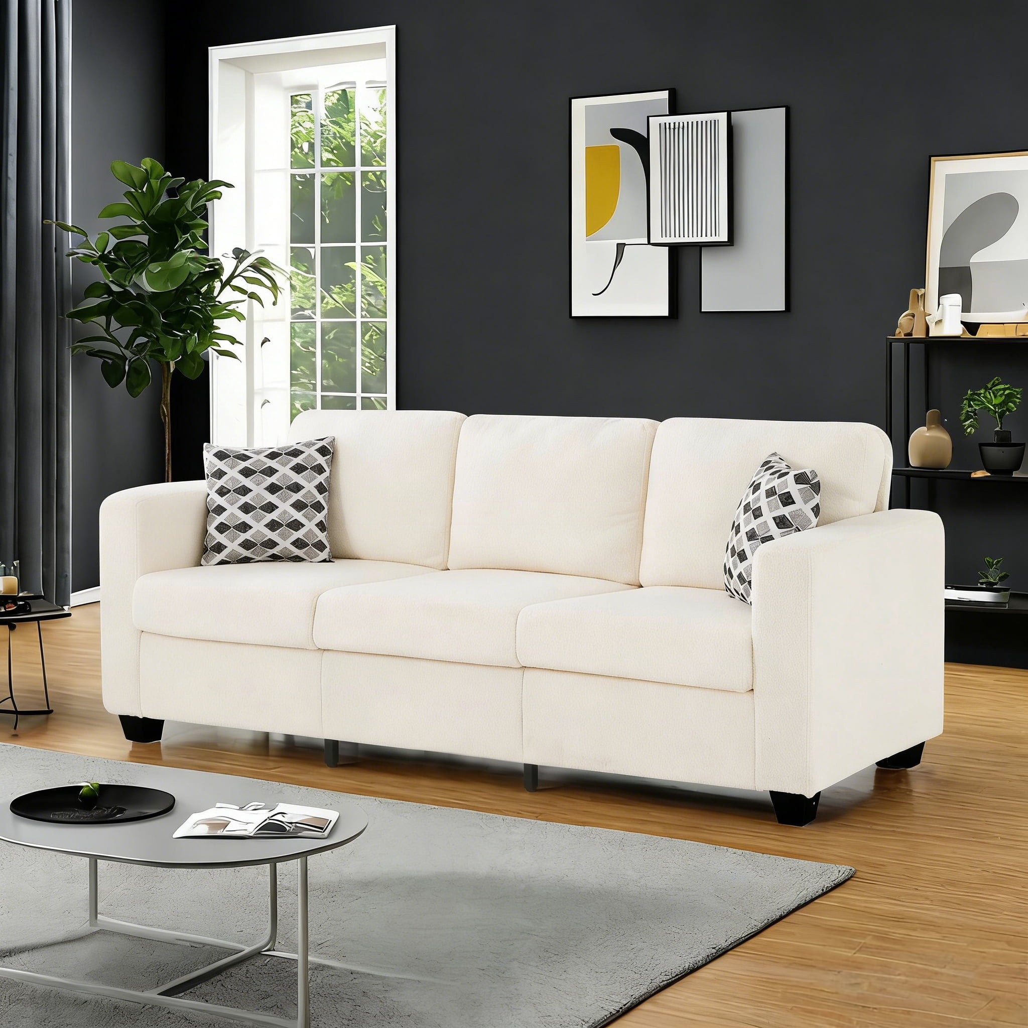 Gewnee 86.6 Modern Sofa Couch,Teddy Velvet 3 Seaters Comfy Couch with Deep Seat for Living Room,2 Pillows,Beige