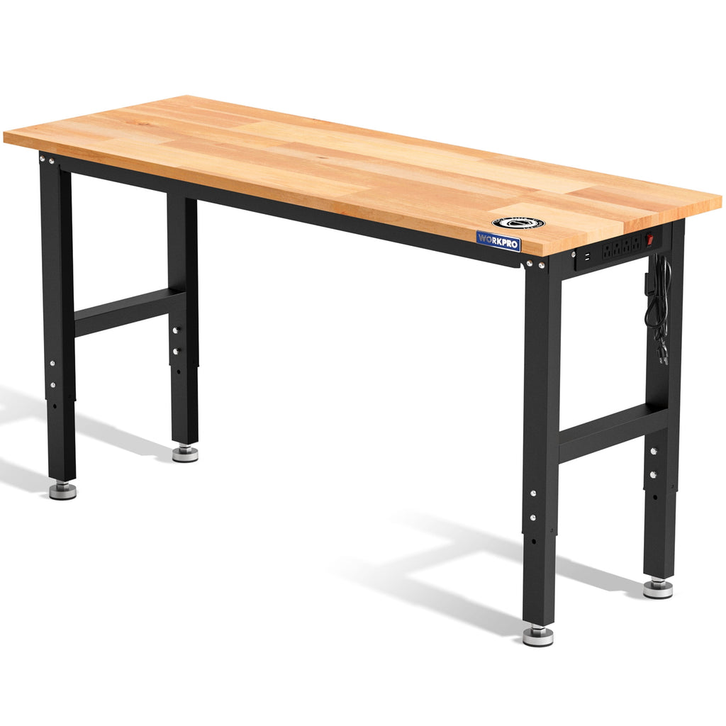 WORKPRO 60” x 24 Adjustable Workbench 1500 LBS Load Capacity Hardwood Worktable with Power Outlets, Leveling Foot