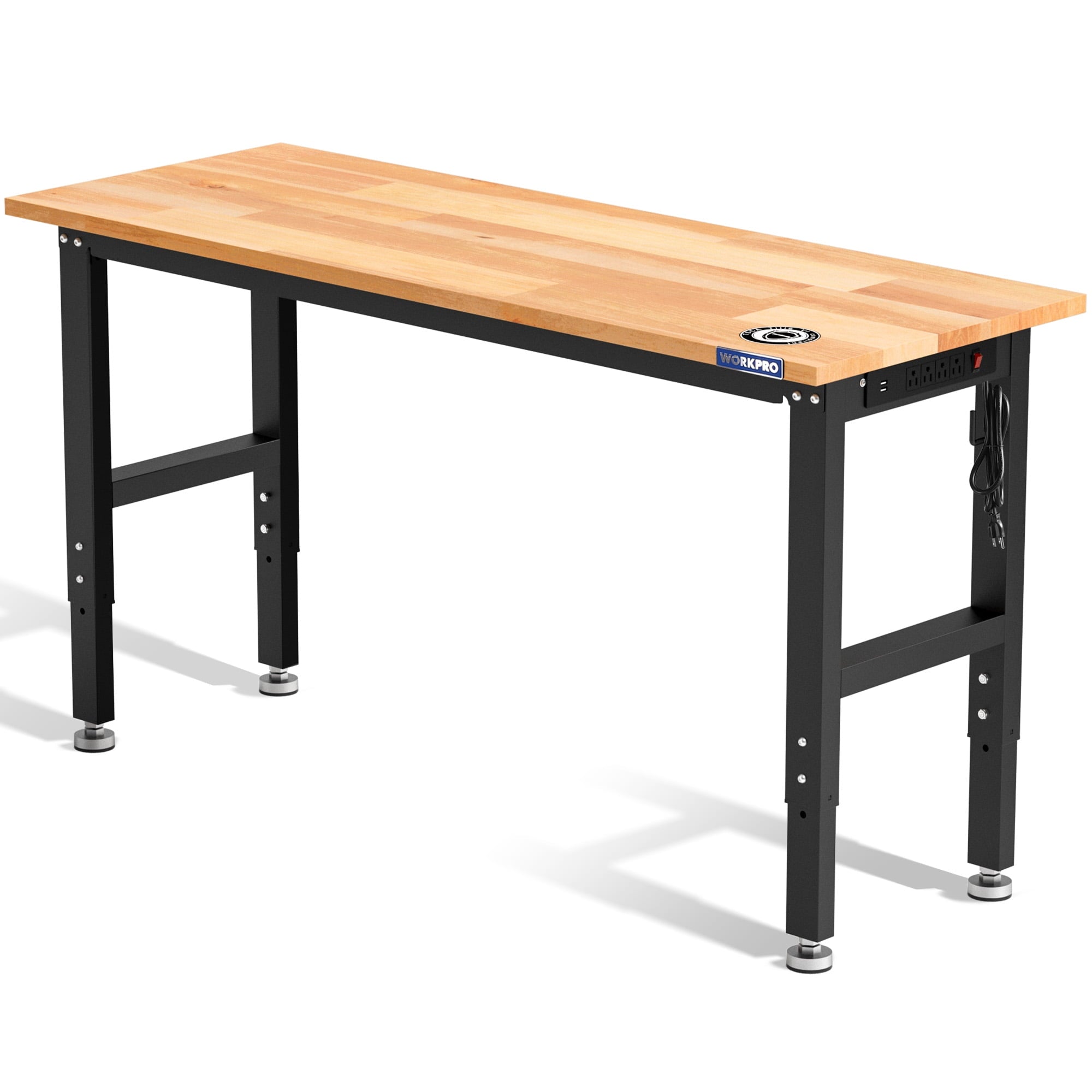 WORKPRO 60” x 24 Adjustable Workbench 1500 LBS Load Capacity Hardwood Worktable with Power Outlets, Leveling Foot