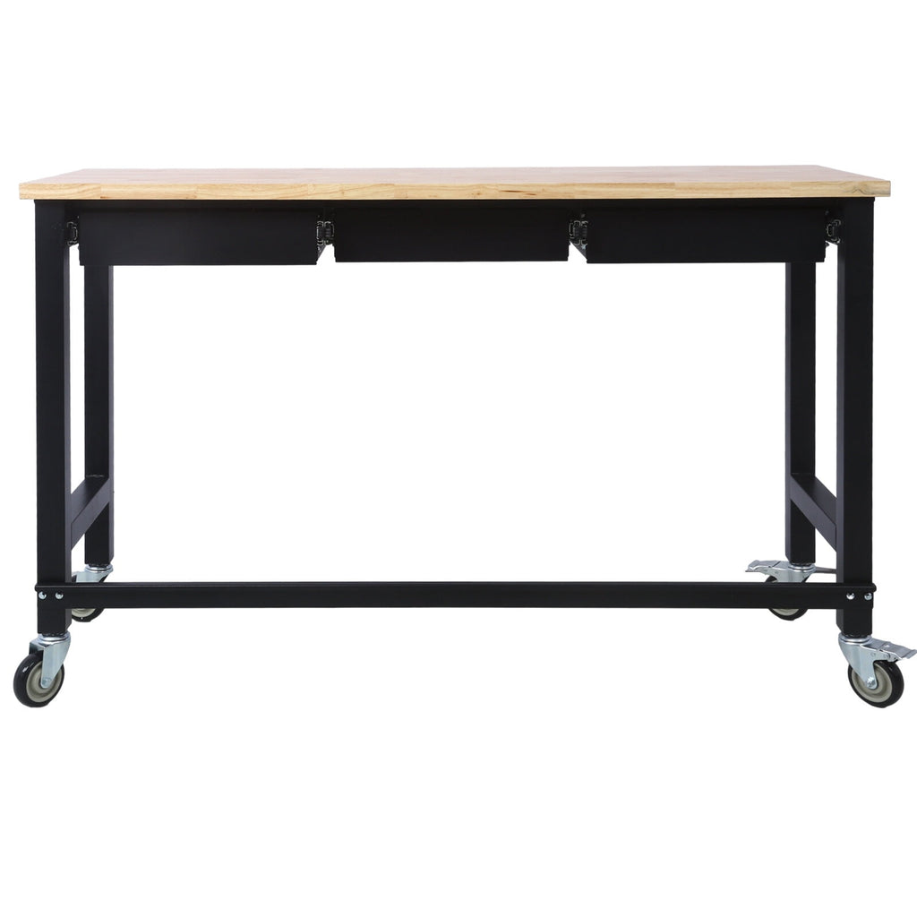 Office Desks 60in Work Bench, Workbench with Drawer Storage, Heavy Duty Bamboo Wood Work Table with Wheels for Garage Home Office,Wooden Office Desks