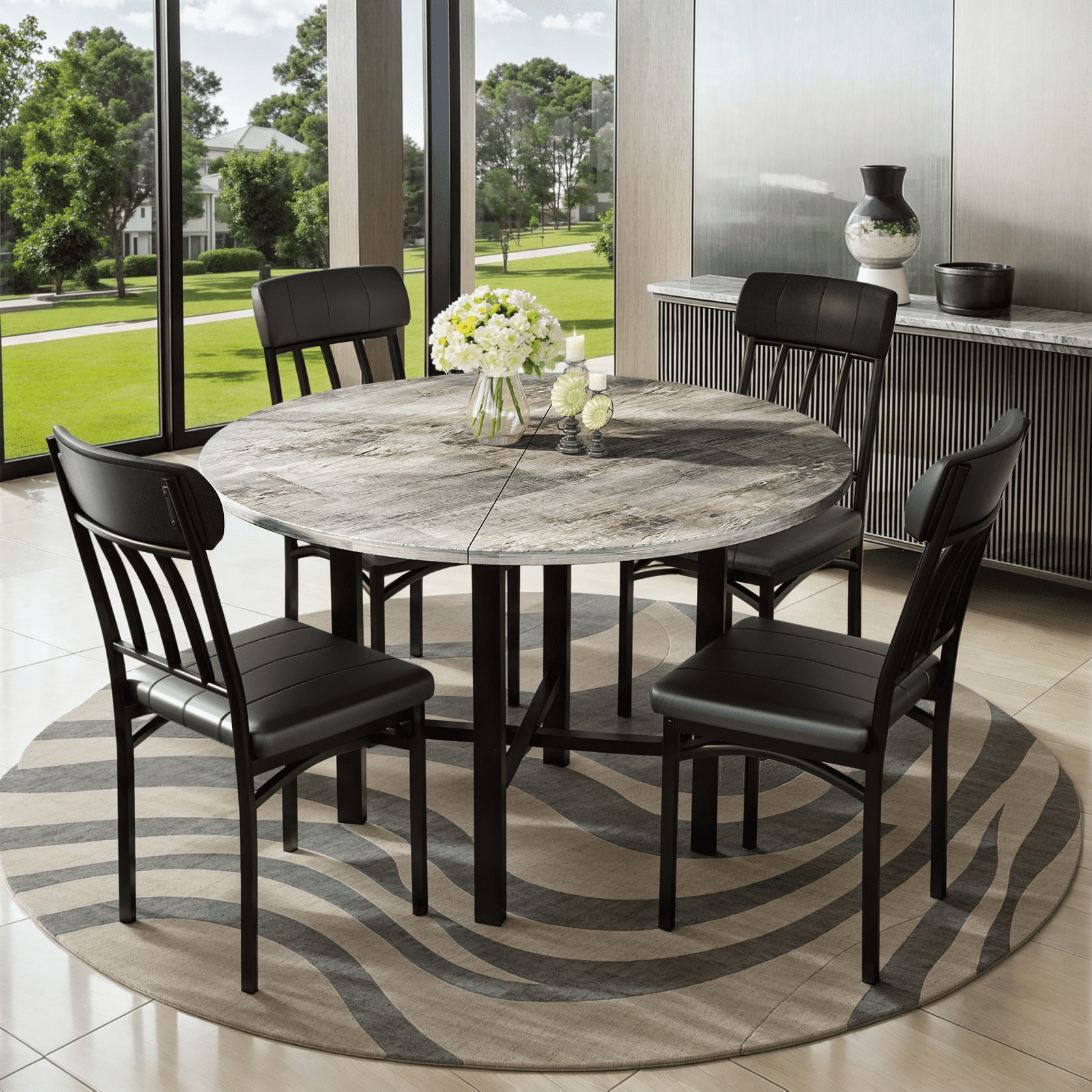 Lamerge Round Dining Table Set for 4,Wood Round Kitchen Table and Chairs Set for 4,Modern Dining Room Table Set with 4 Faux Leather Chairs,Round Dinner Table for Small Space,Brown