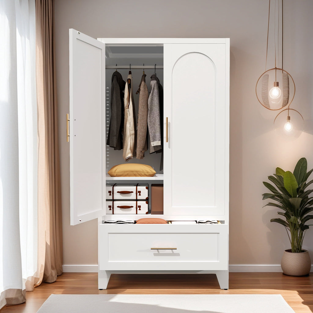 avobird 60 Tall Metal Wardrobe Cabinet with 1 Drawer and Hanging Rod, 2 Doors Wardrobe Closet with Shelf for Bedroom, Beige