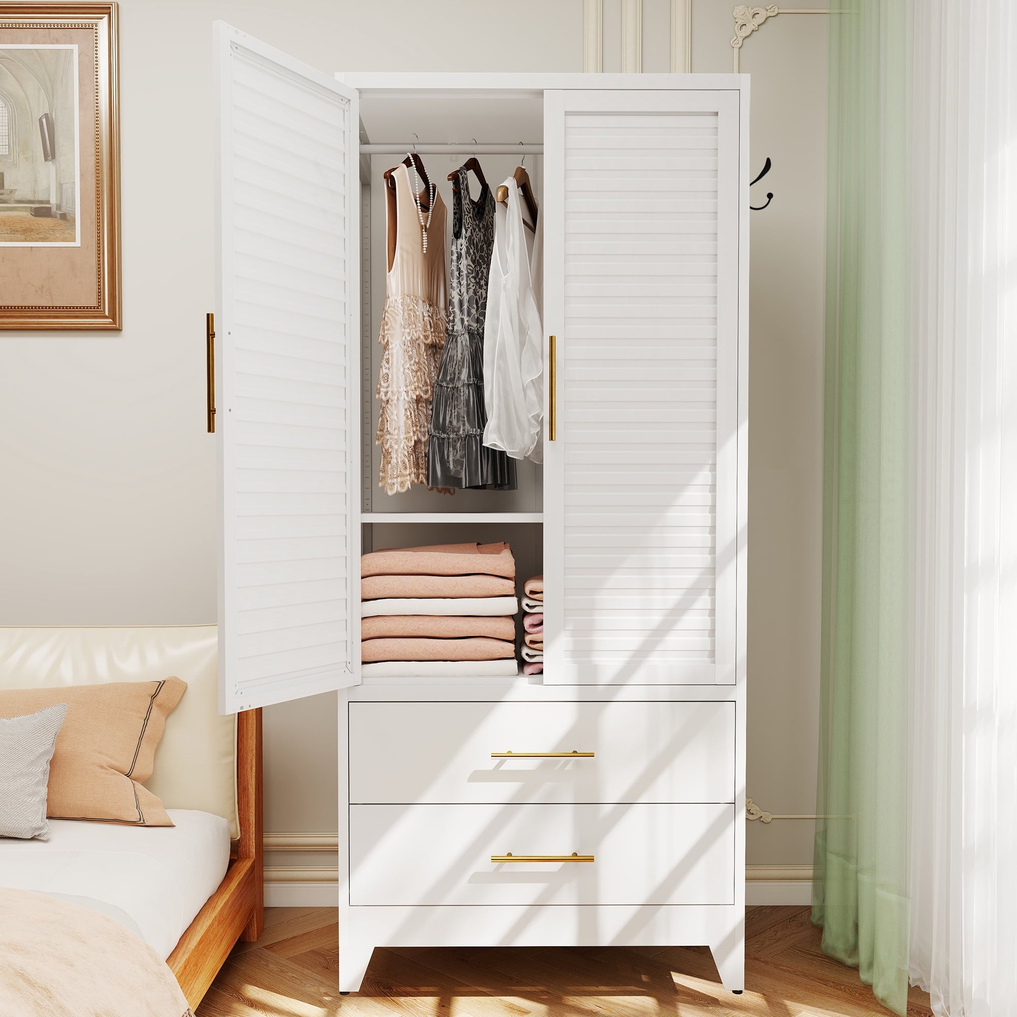 avobird 60 Tall Metal Wardrobe Cabinet with 1 Drawer and Hanging Rod, 2 Doors Wardrobe Closet with Shelf for Bedroom, Beige