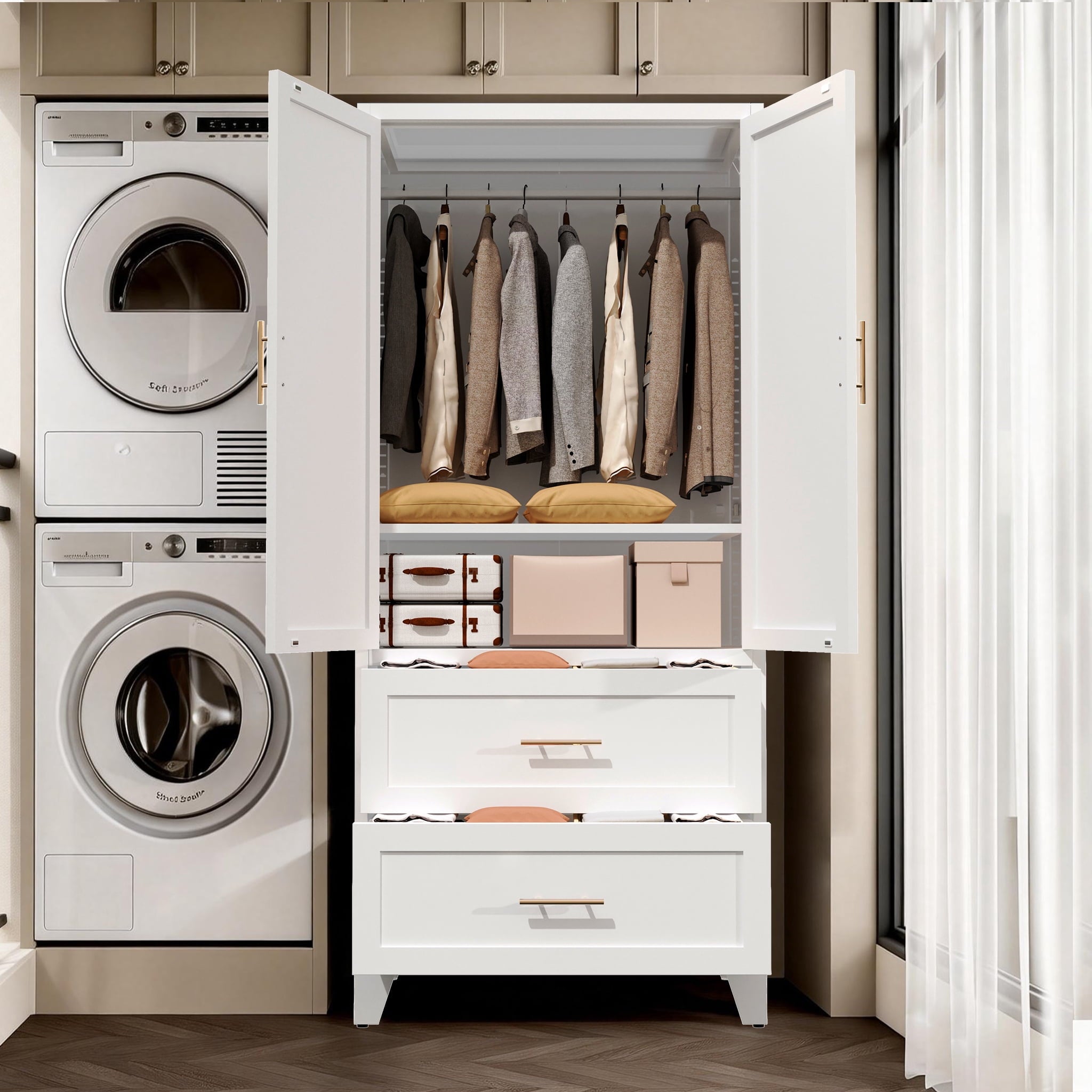 avobird 60 Tall Metal Wardrobe Cabinet with 1 Drawer and Hanging Rod, 2 Doors Wardrobe Closet with Shelf for Bedroom, Beige