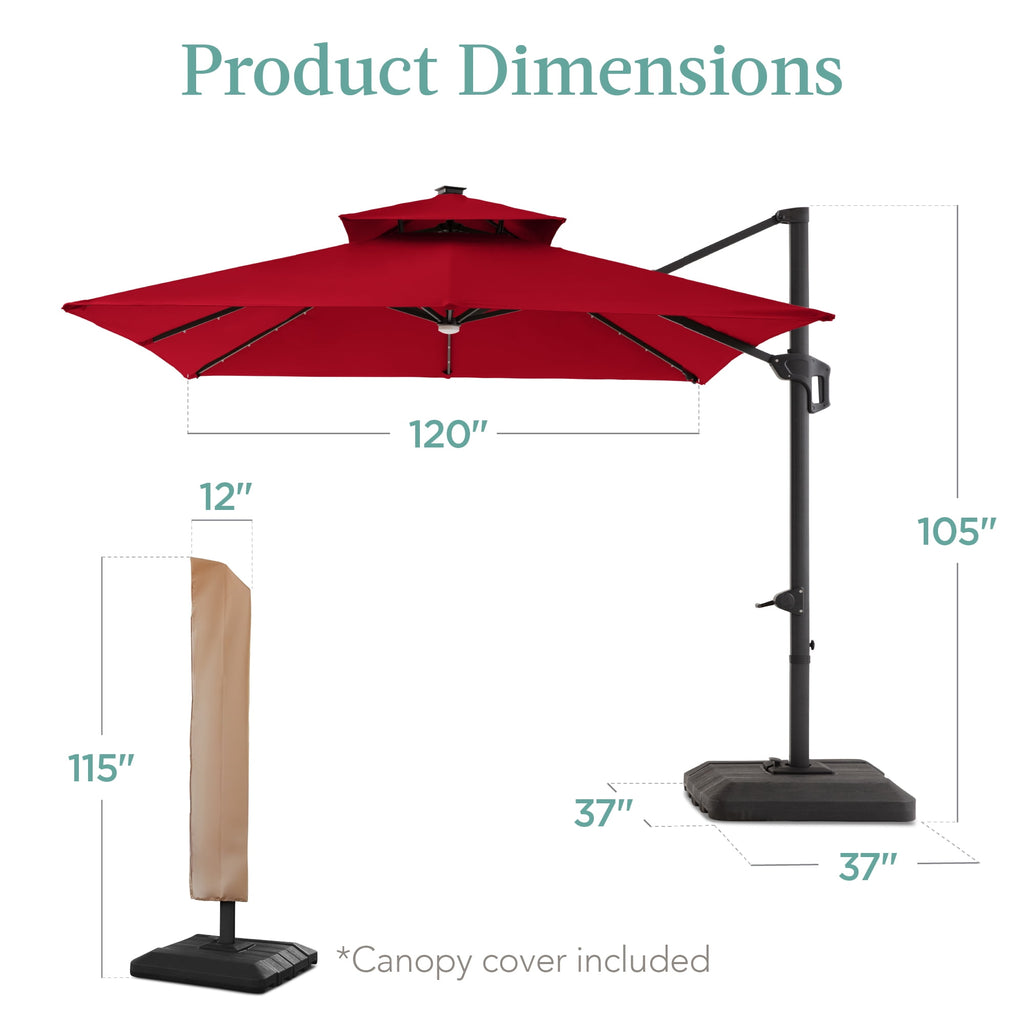 Best Choice Products 10x10ft 2-Tier Square Outdoor Solar LED Cantilever Patio Umbrella w/ Base Included - Tan