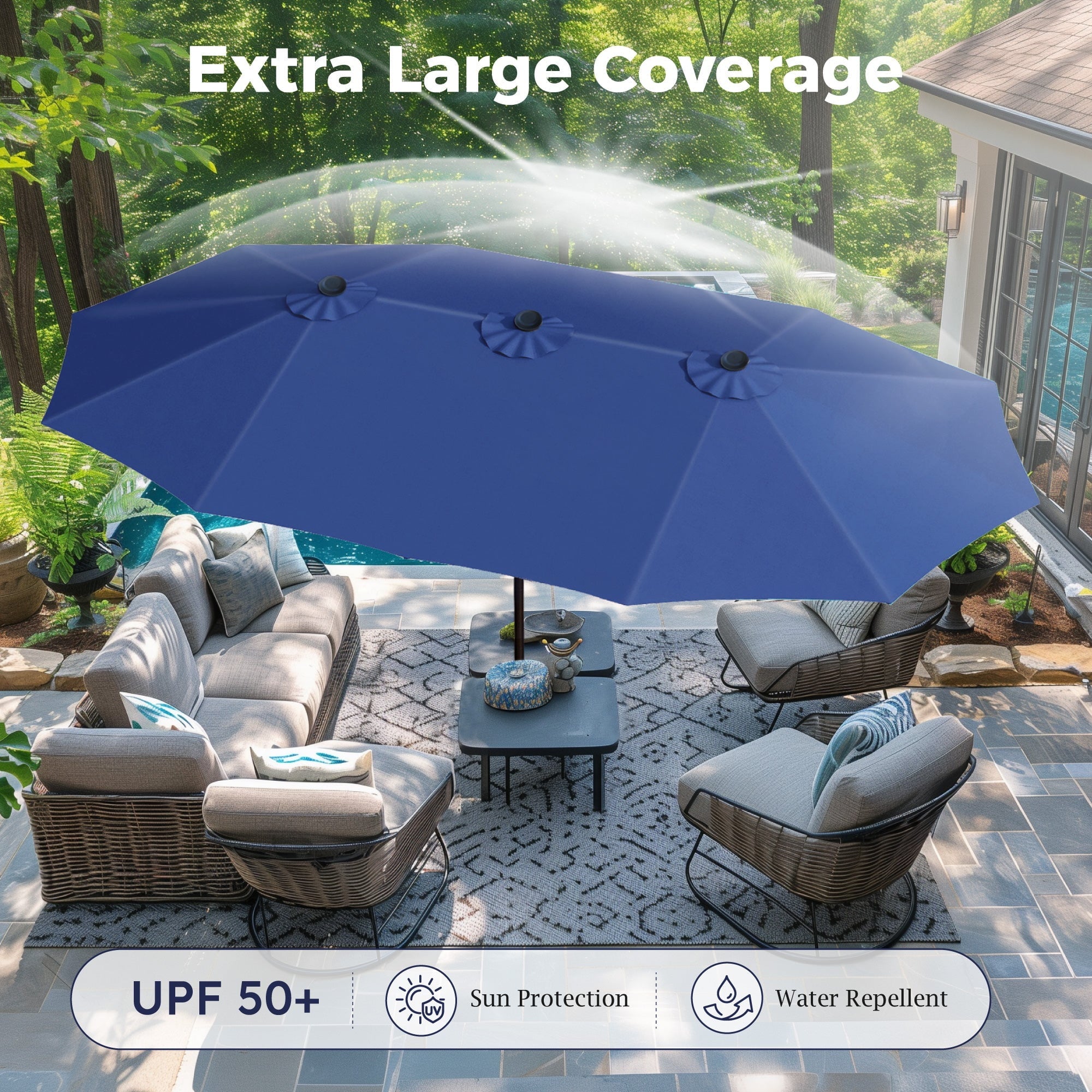 Alpha Joy 15ft Outdoor Patio Umbrella Extra-Large Double-Sided Garden Umbrella with Crank Handle and Base - Smoky Gray