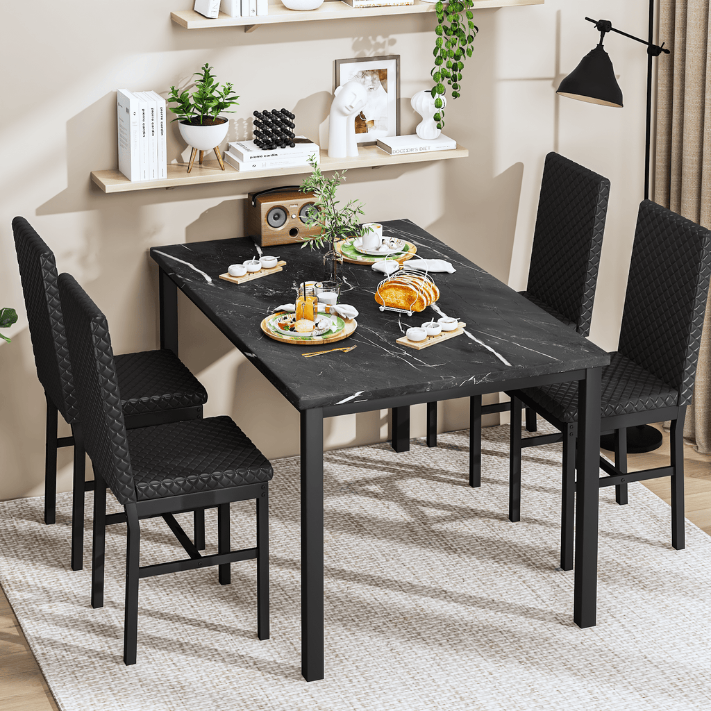 Cvortll 5 Piece Dining Table Set, Kitchen Table and Chairs Set for 4 with Faux Marble and 4 Velvet Upholstered Dining Chairs for Home, Restaurant, Black & Black