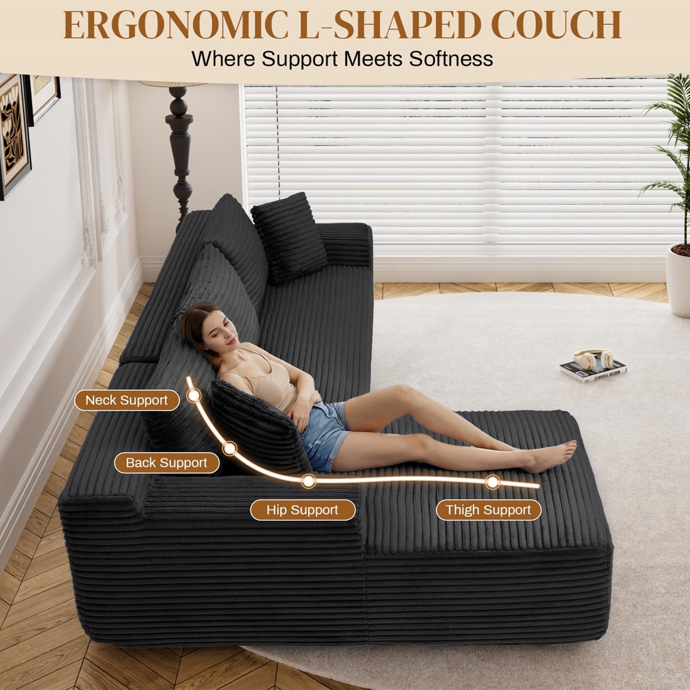 Aukfa 95 Cloud Sectional Sofa Deep Seat Boneless Couch Modular L-Shaped Couch, Left Chaise Corduroy Sofa for Living Room, Black