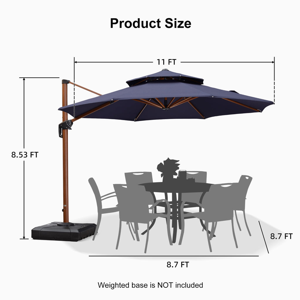 PURPLE LEAF 11FT Deluxe Round Wood Grain Patio Umbrella, Large Offset Cantilever Umbrella with 360° Rotation, Navy Blue
