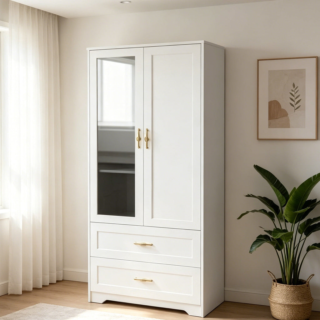 Ktaxon Wardrobe Armoire Closet with Hanging Rod, Modern Drawer & Shelf – Elegant White Finish Closet, Farmhouse to Mid-Century Style