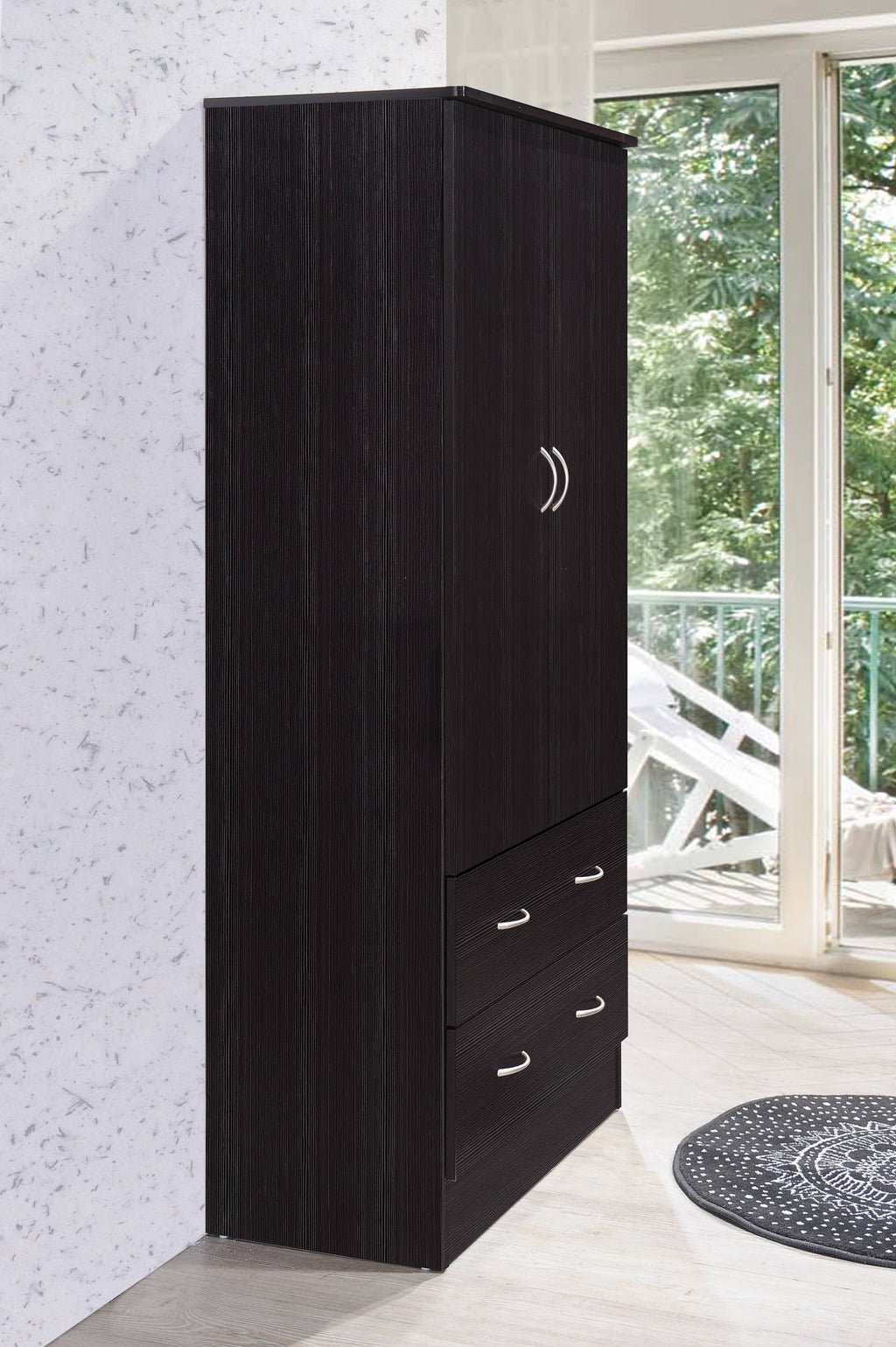 Hodedah 2-Door Armoire with 2-Drawers and Clothing Rod in Black