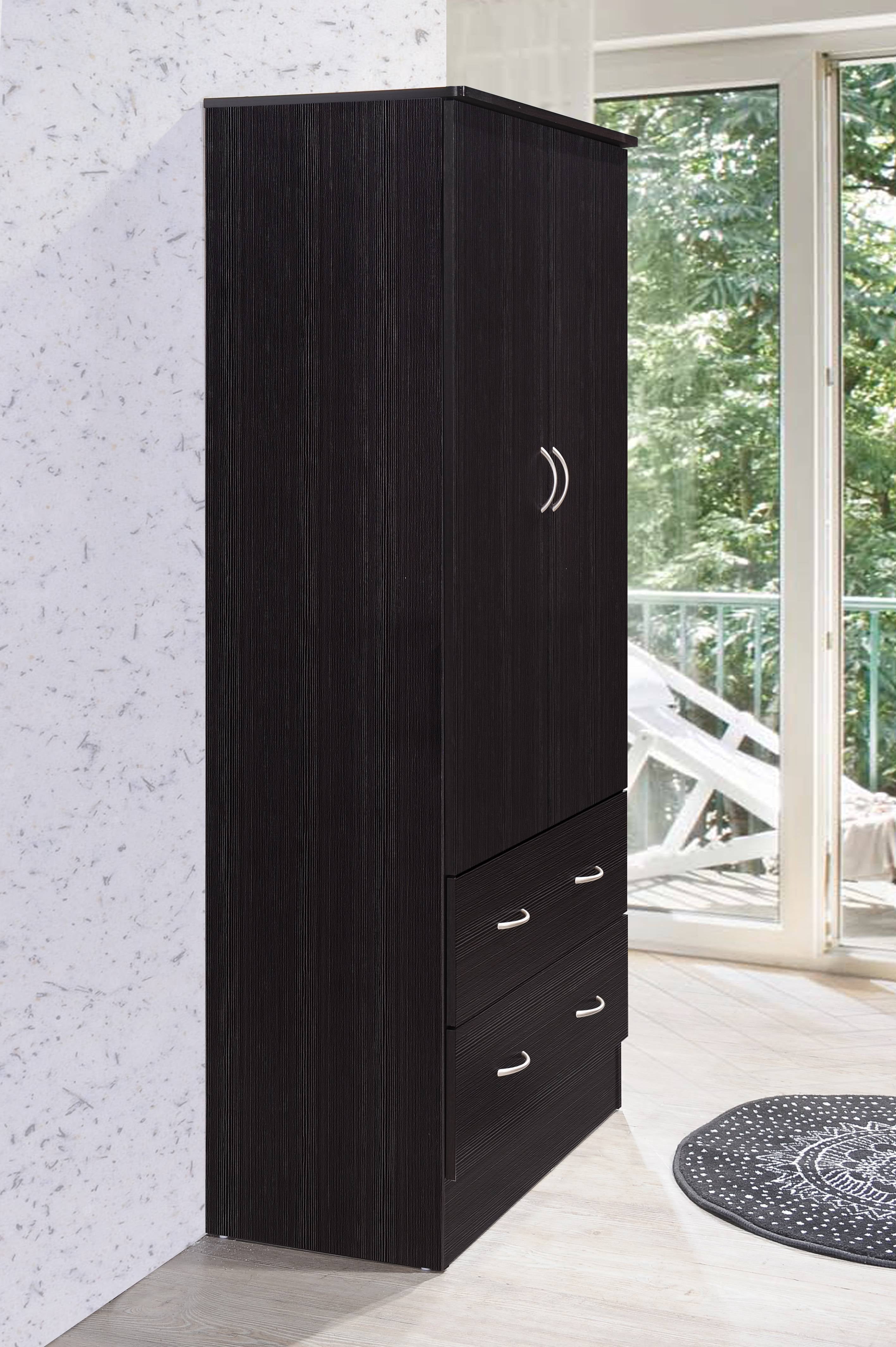 Hodedah 2-Door Armoire with 2-Drawers and Clothing Rod in Black