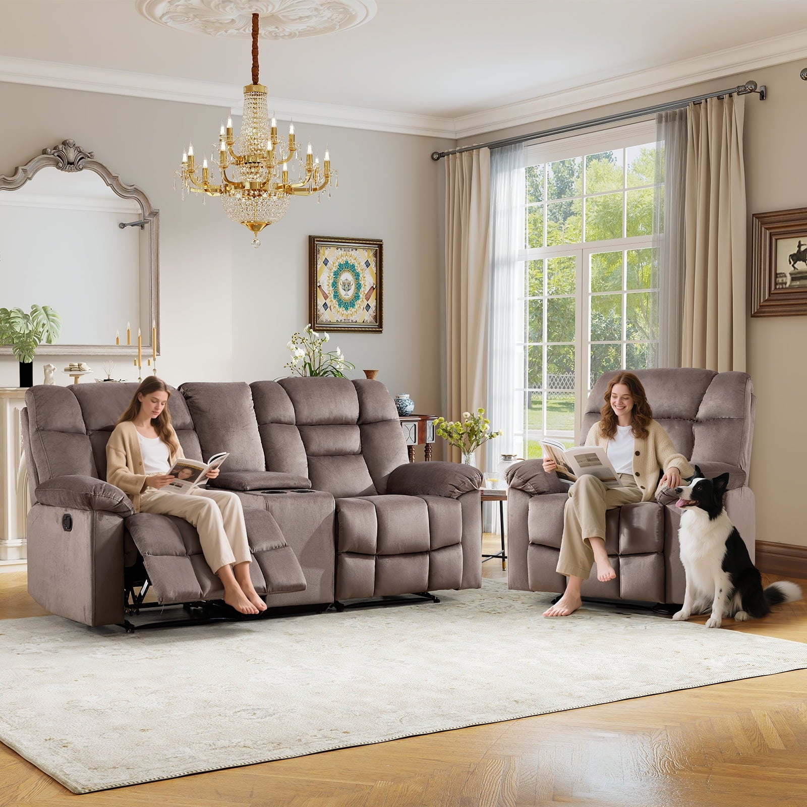 Bonzy Home Brown Manual Recliner Sofa Set with Single Seat, Loveseat, Hidden Storage and Cup Holders