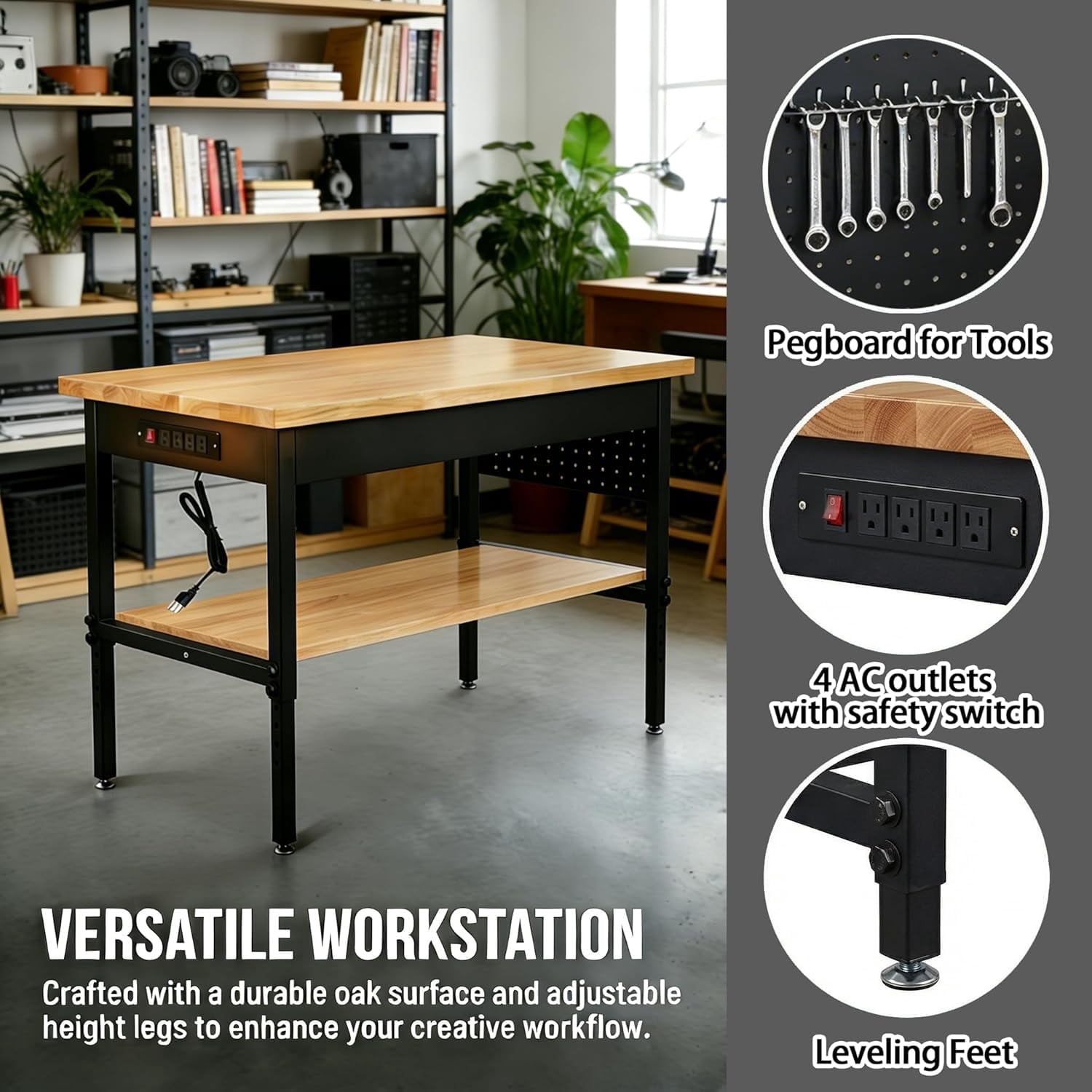 70 Inch Adjustable Workbench with Power Outlet Heavy Duty 2500 LBS Load Capacity Hardwood Work Table for Garage 6 Level Height Adjustable Workshop Bench with Wheels (70x22)