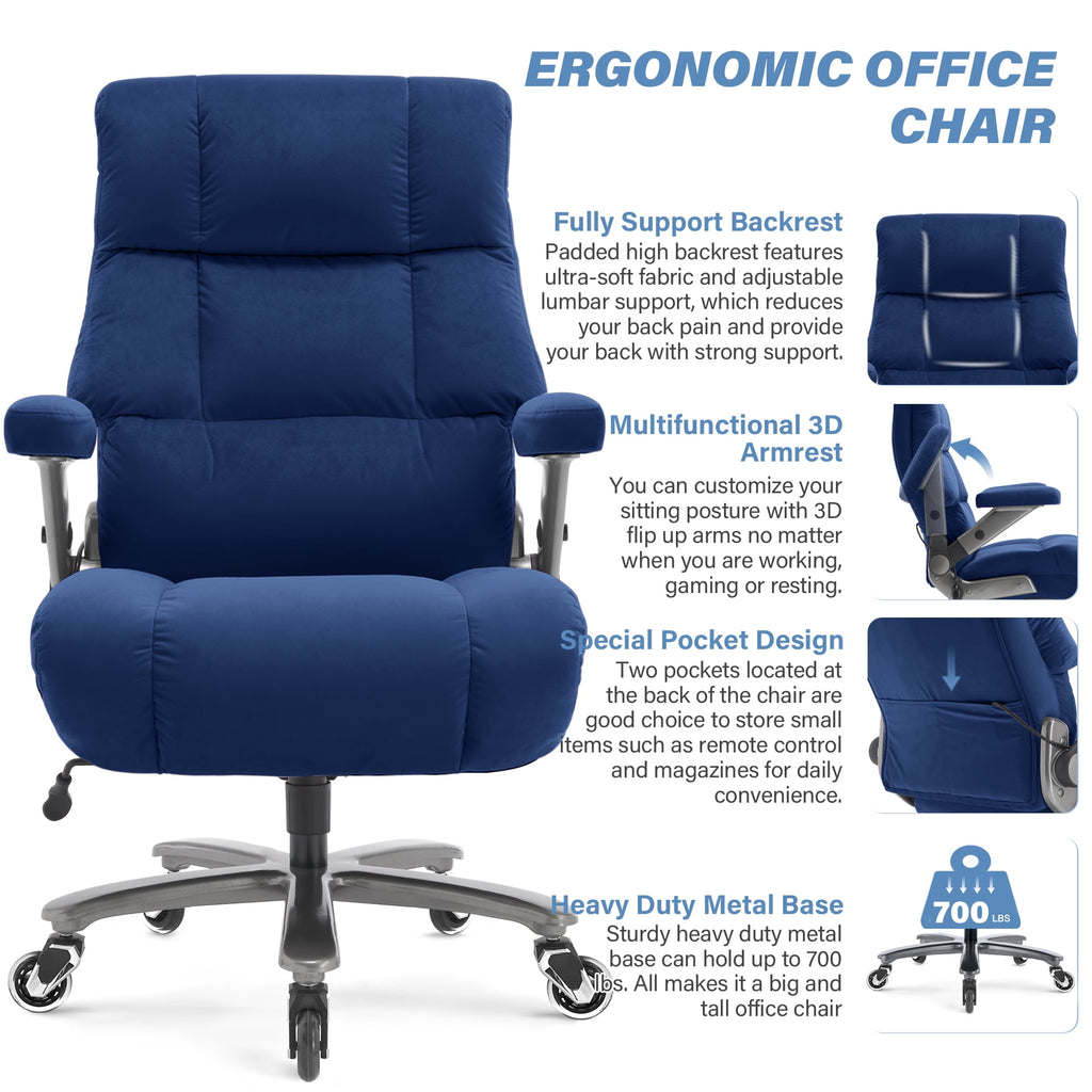 Big and Tall 700lbs Office Chair, Ultra-Soft Fabric Executive Desk Chair, Ergonomic Computer Chair with 3D Flip Up Arms, Adjustable Lumbar Support, Heavy Duty Metal Base and Quiet Rubber Wheel, Black