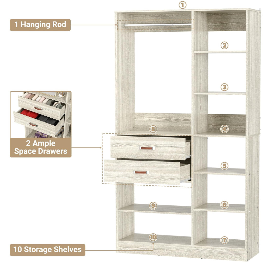 Homieasy 39.4'' W Closet System with Wooden Drawers and Hanging Rods, White