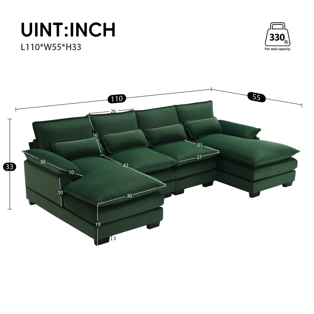 JONPONY109.45 U Shaped Couch,Oversized 4 Seat Sectional with 4 Waist Pillows, Convertible Upholstery Symmetrical Sofá,Sleeper Sofa Couch with Double Chaise Lounge &Memory Foam for Living Room, Beige