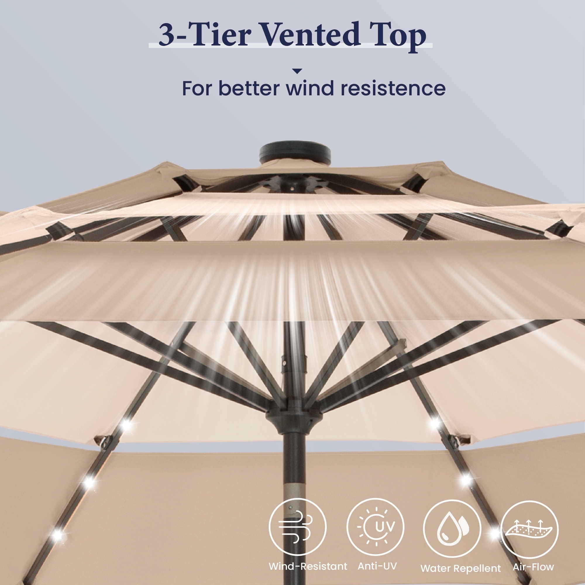 Summit Living 10ft Patio Umbrella with Solar Lights 3-Tier Vented Outdoor Market Umbrella with Auto-Tilt – Beige
