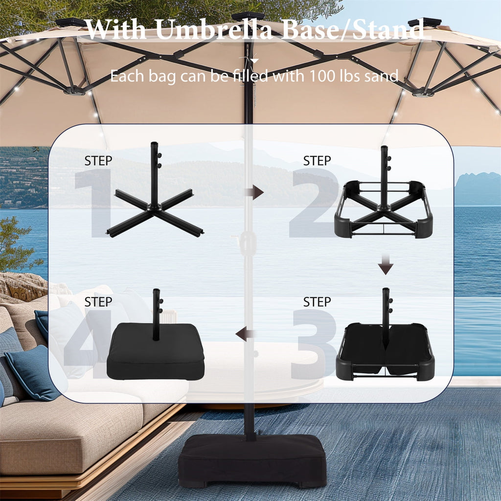 SUMMIT LIVING 15ft Double-Sided Solar Patio Umbrella with Base (Included) Large Outdoor Umbrella with Solar Lights - Beige