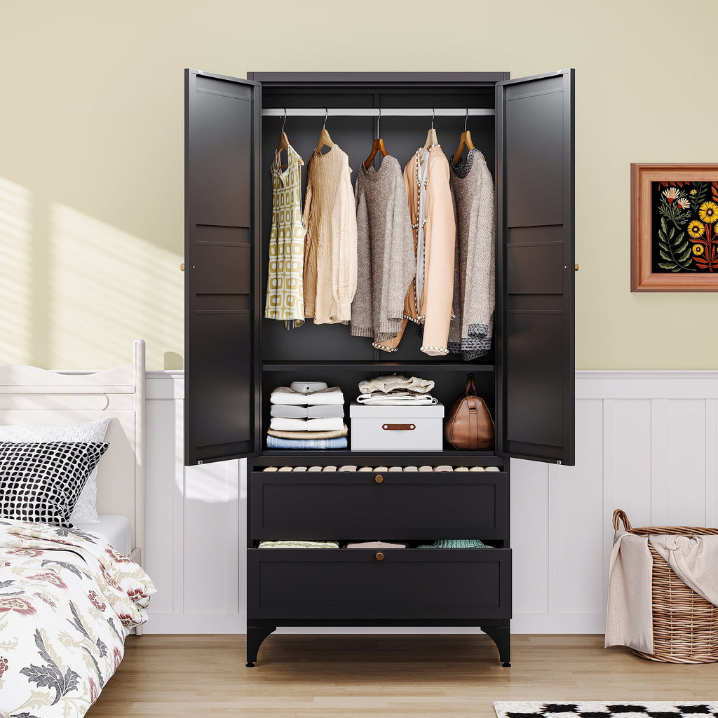 STANI Metal Wardrobe Closet with Hanging Rod, 72 White Armoire Wardrobe Cabinet with Adjustable Shelves, Clothes Storage Organizer Cabinets for Bedroom, Bathroom, Office