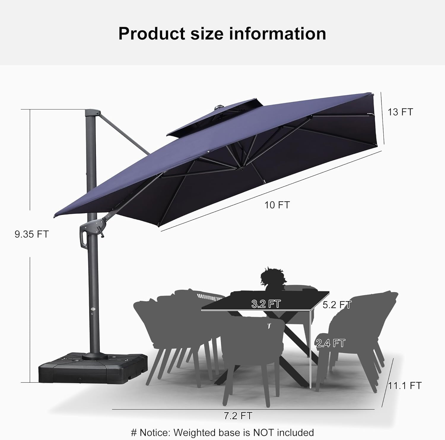 PURPLE LEAF Cantilever Umbrellas 12FT Square Large Patio Umbrella Offset Umbrella with 360°Rotation Tilting And Hanging Double Top, Grey