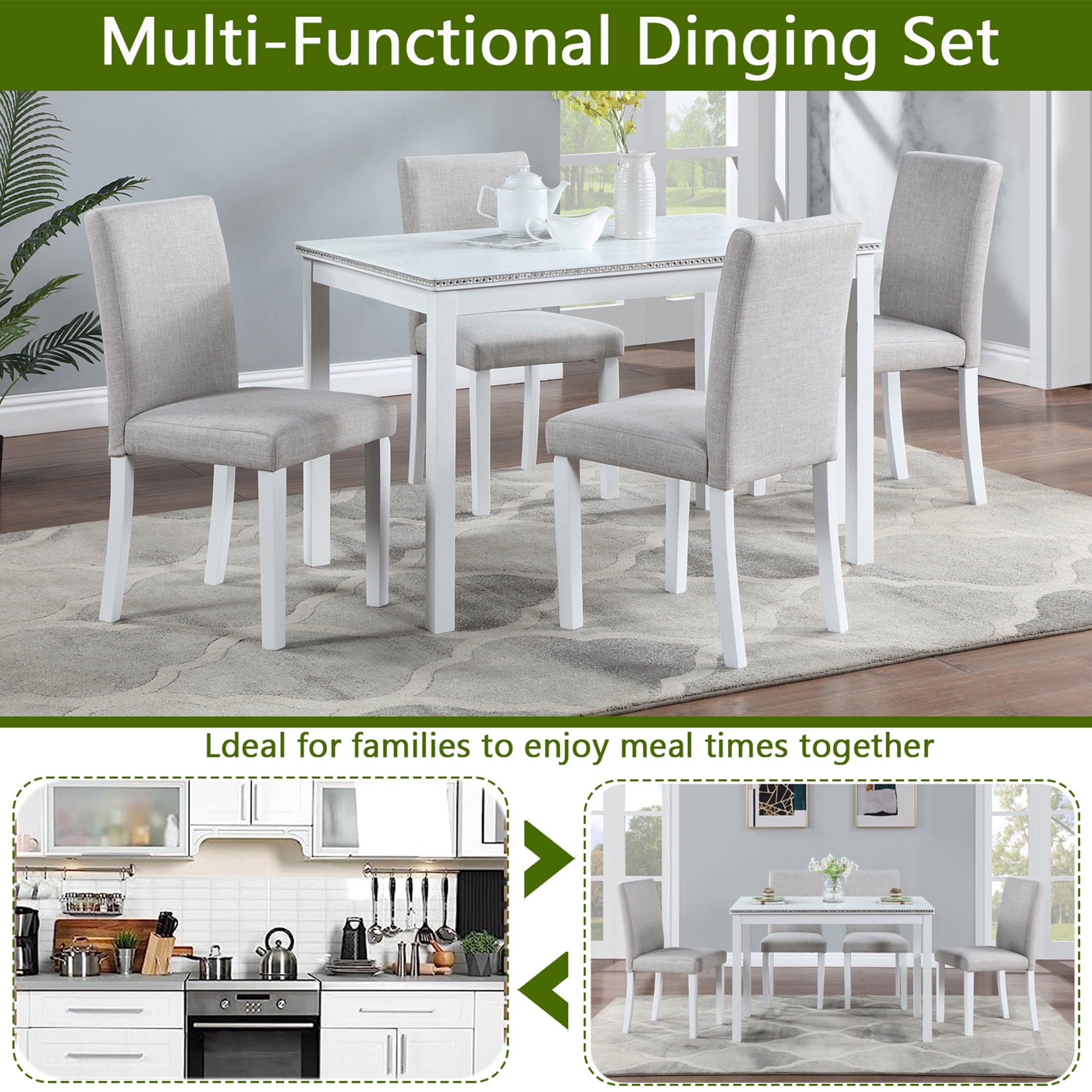 UHOMEPRO 5 Piece Dining Table Set, Modern Dining Table Sets with Rectangular Table and 4 Fabric Upholstered Chairs, Dining Set for Kitchen and Dining Room, White