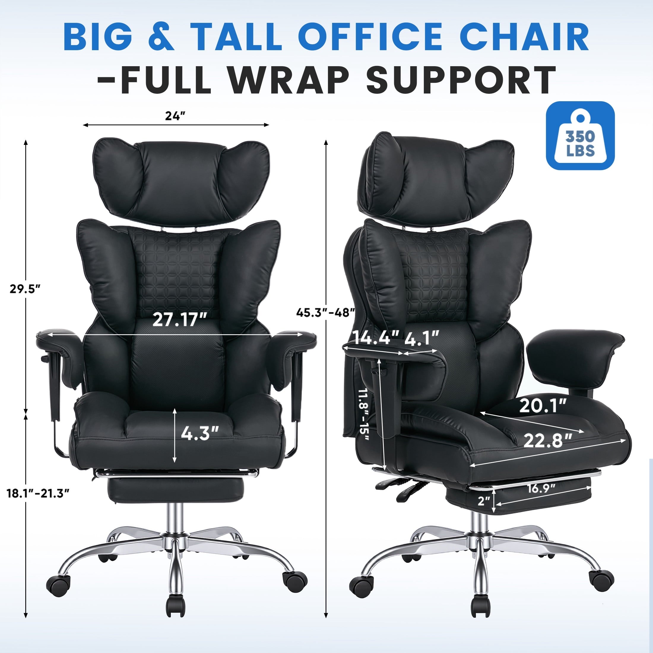 edx Executive Home Office Desk Chair, Ergonomic Big Tall High Back with Footrest & Lumbar Support, Reclining Comfy PU Leather Computer Gaming Chair with Swivel Wheels, Height Adjustable, Black