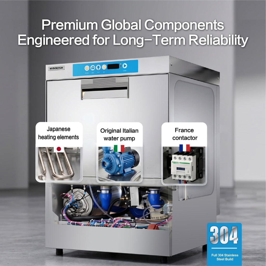 Commercial-Grade Dishwasher/Glasswasher with Plug, Built-in Booster & Drain Pump, Built-in Detergent & Rinse Aid Pumps, Up to 40 Racks/Hr, 208~240V