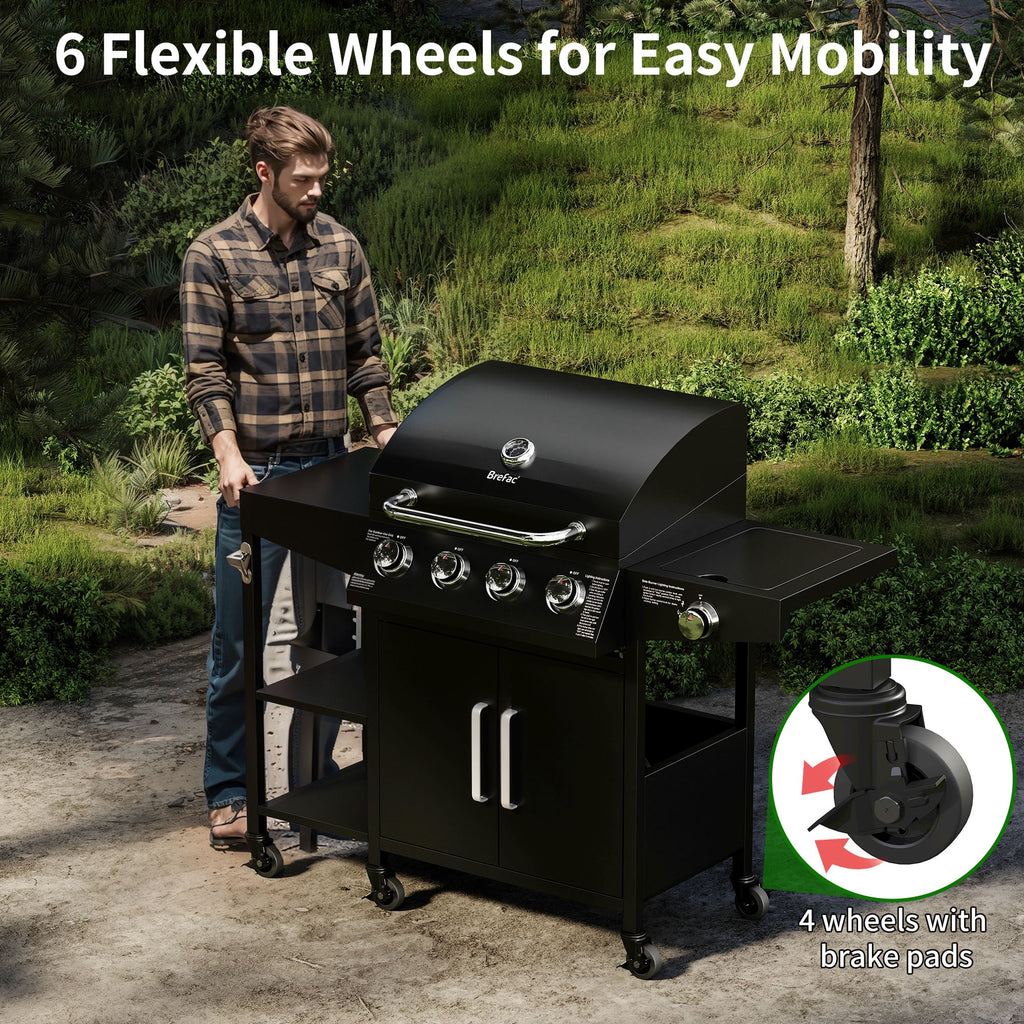 4 Burner Propane Gas Grill with 3 Tier Shelf, 50000 BTU Outdoor Cooking Stainless Steel BBQ Grills Cabinet,Can be Placed Smoke Box，Black