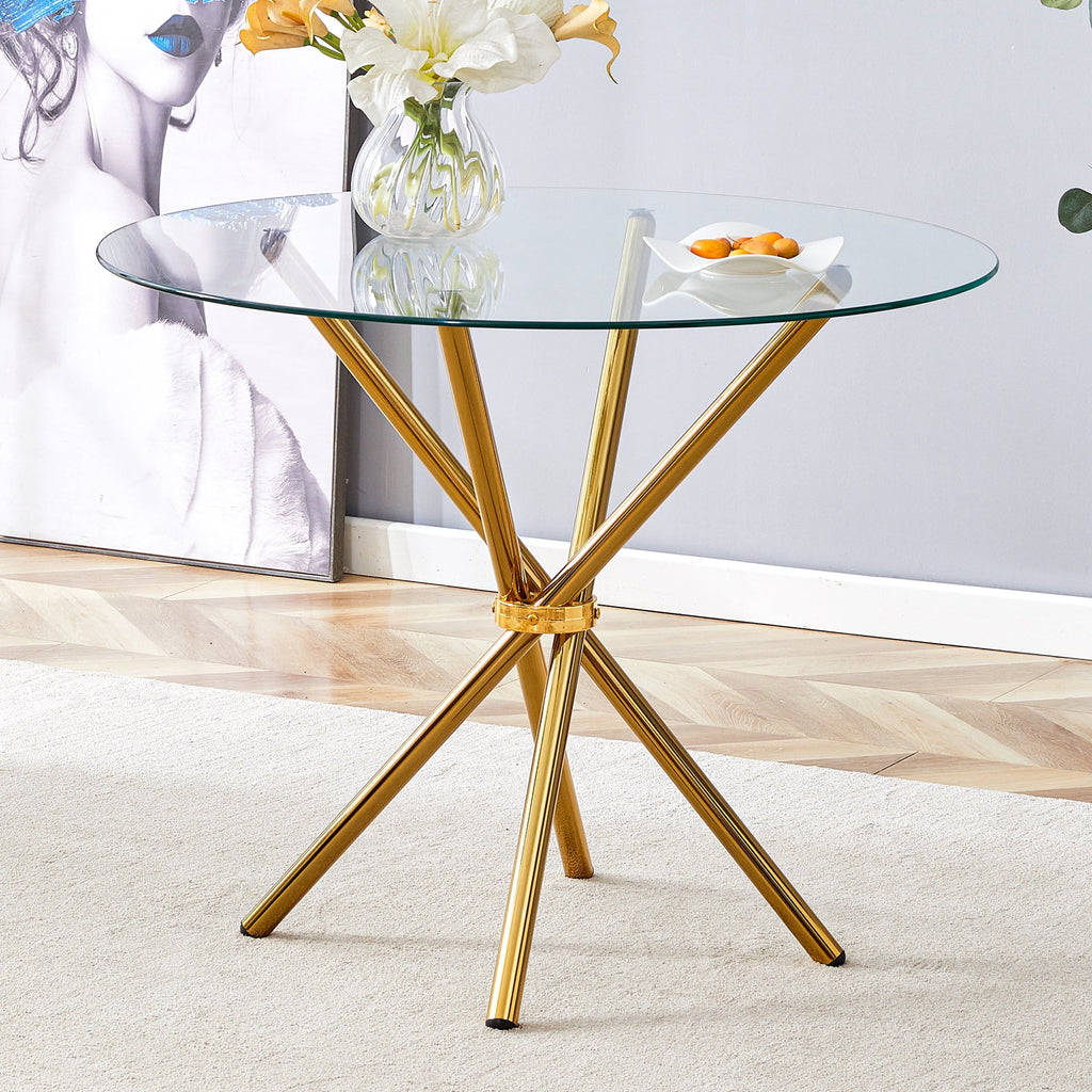 LUFTUT 36.6 Round Glass Dining Table, Modern Gold Base Kitchen Table, Small Space Bistro Table, Clear Tempered Glass Top for Apartmen